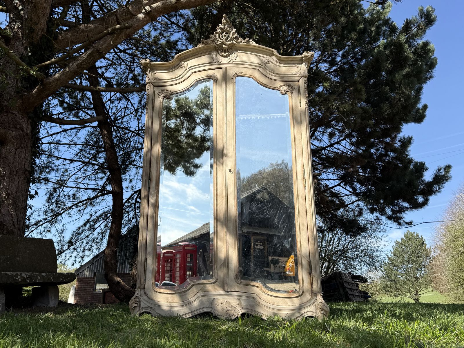 Stunning Bleached Armoire Mirrored Door French Wardrobe Linen Cupboard