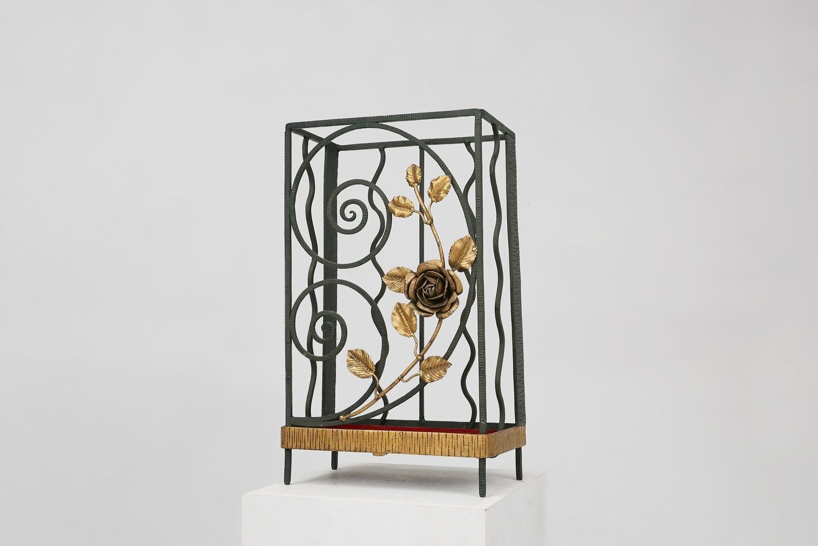 Art Deco Wrought Iron Umbrella Stand With Floral Decoration, France, 1930s photo for sale