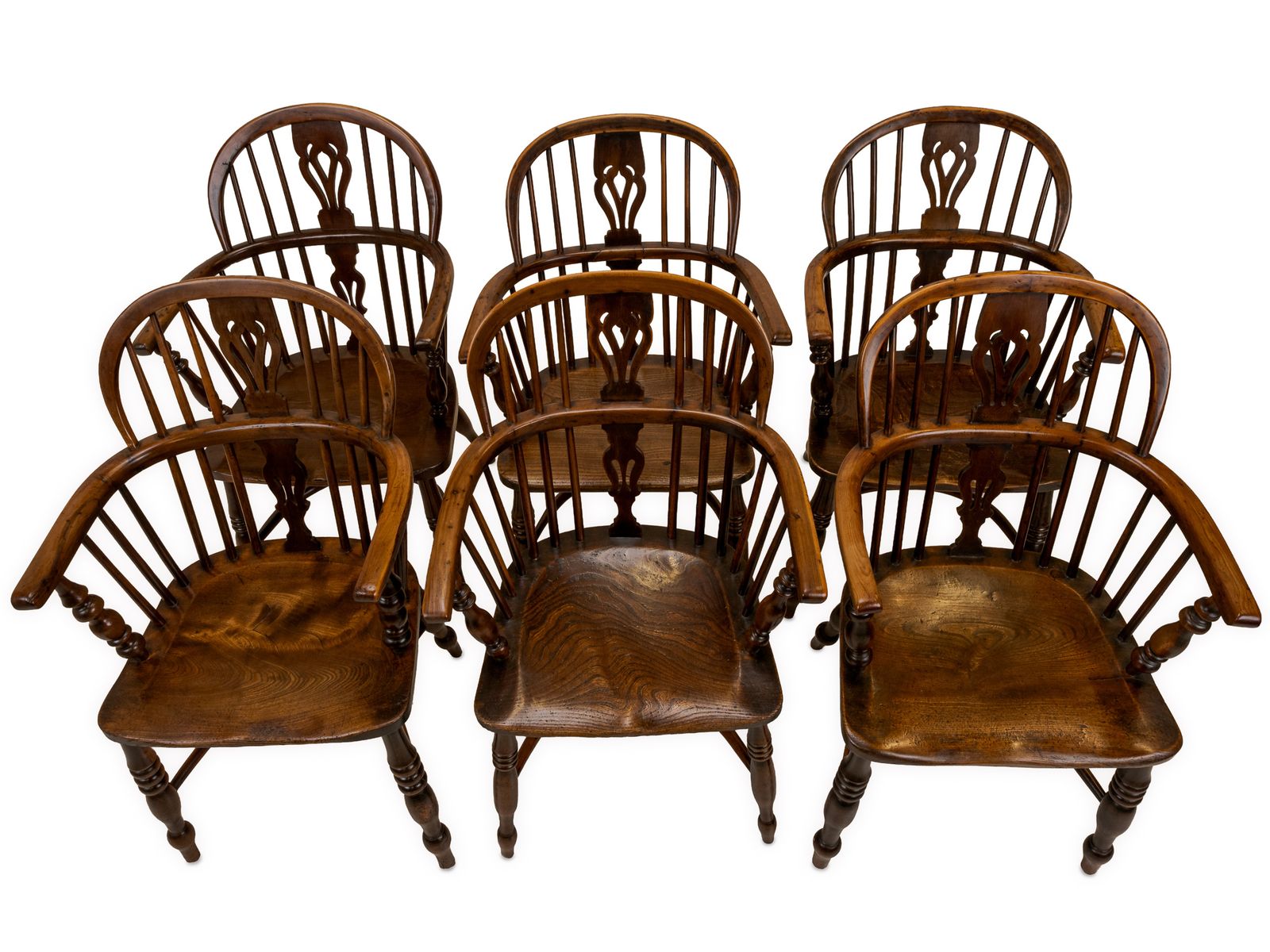 Matched Set Of Six Early 19th Century English Yew & Elm Windsor Armchairs With Crinoline Stretchers, C.1820–1840 photo for sale