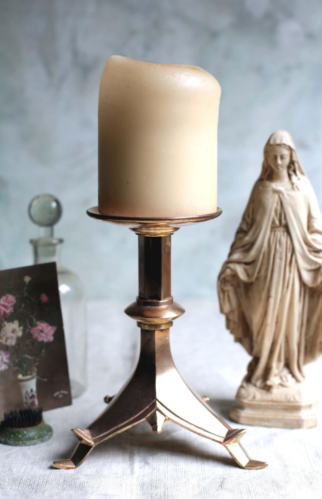 Antique French Alter Candlestick Bronze Gothic Church Candleholder Candlestick photo for sale