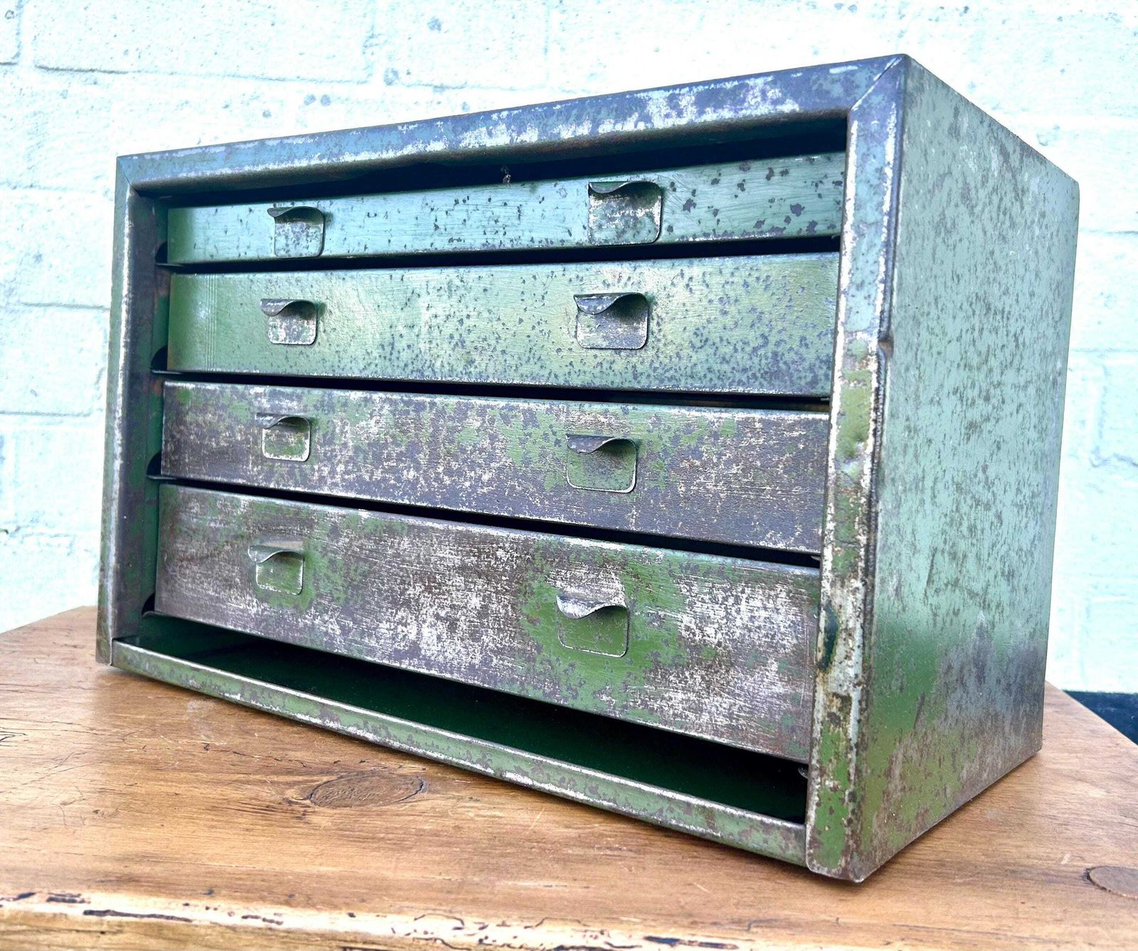 Metal Green Four Drawers Engineers Tool Cabinet Industrial Antique Vintage Storage Chest Cupboard Carpenters Box photo furniture