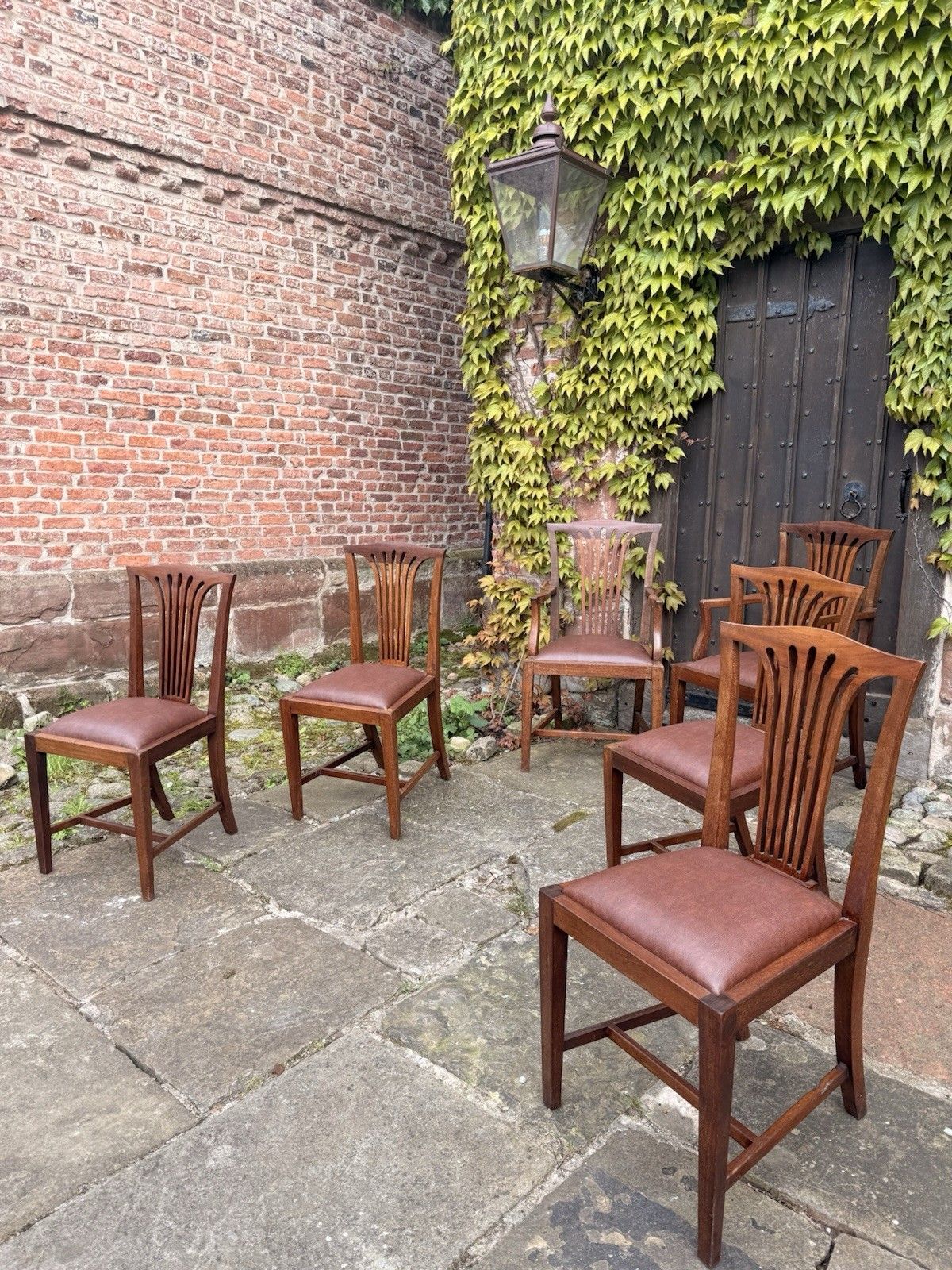 Set 8 Antique Mahogany Arts & Crafts Drop In Slat Back Kitchen Dining Chairs photo for sale
