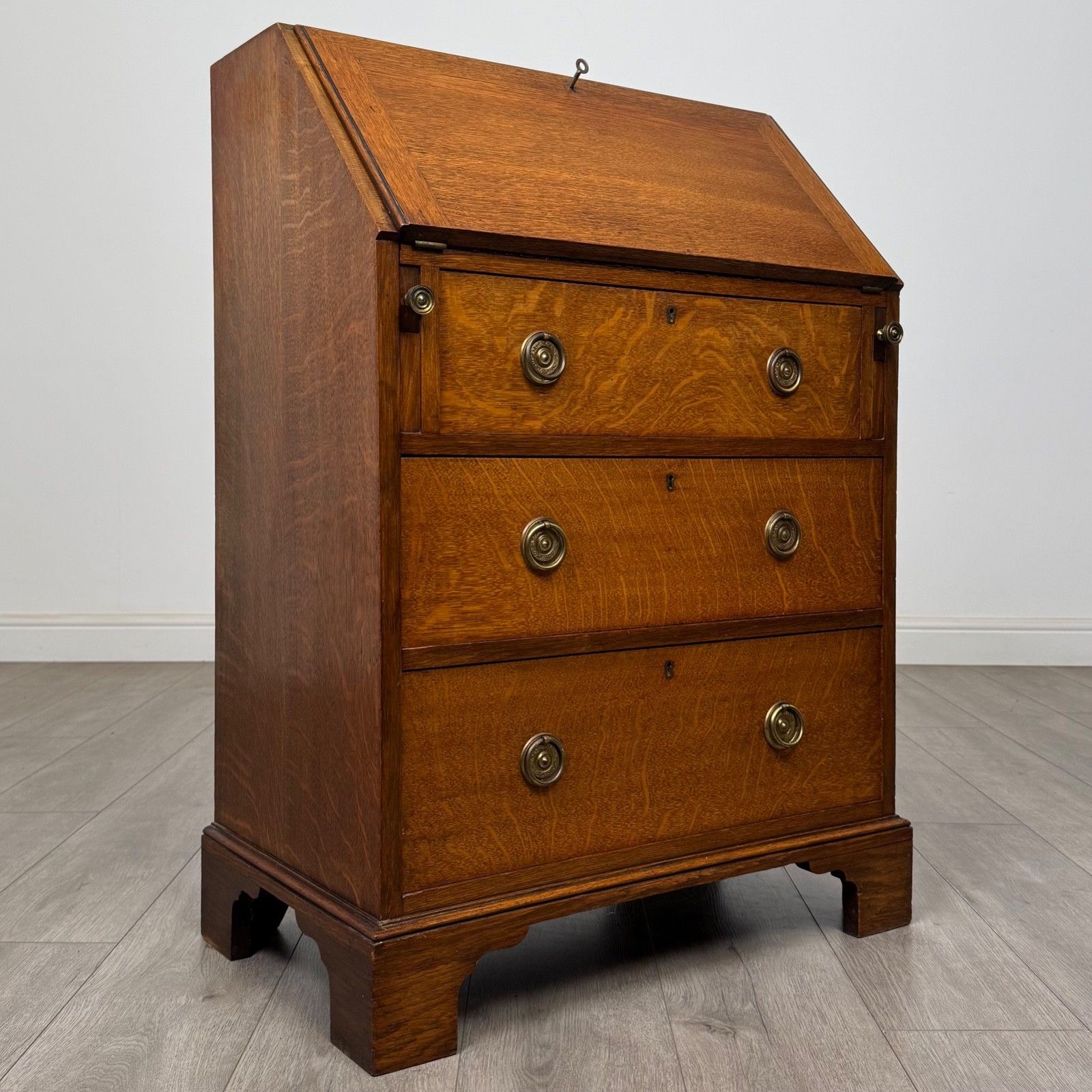 photo furniture Antique 20th Century Edwardian Bureau In Golden Oak ( Af 5698 )