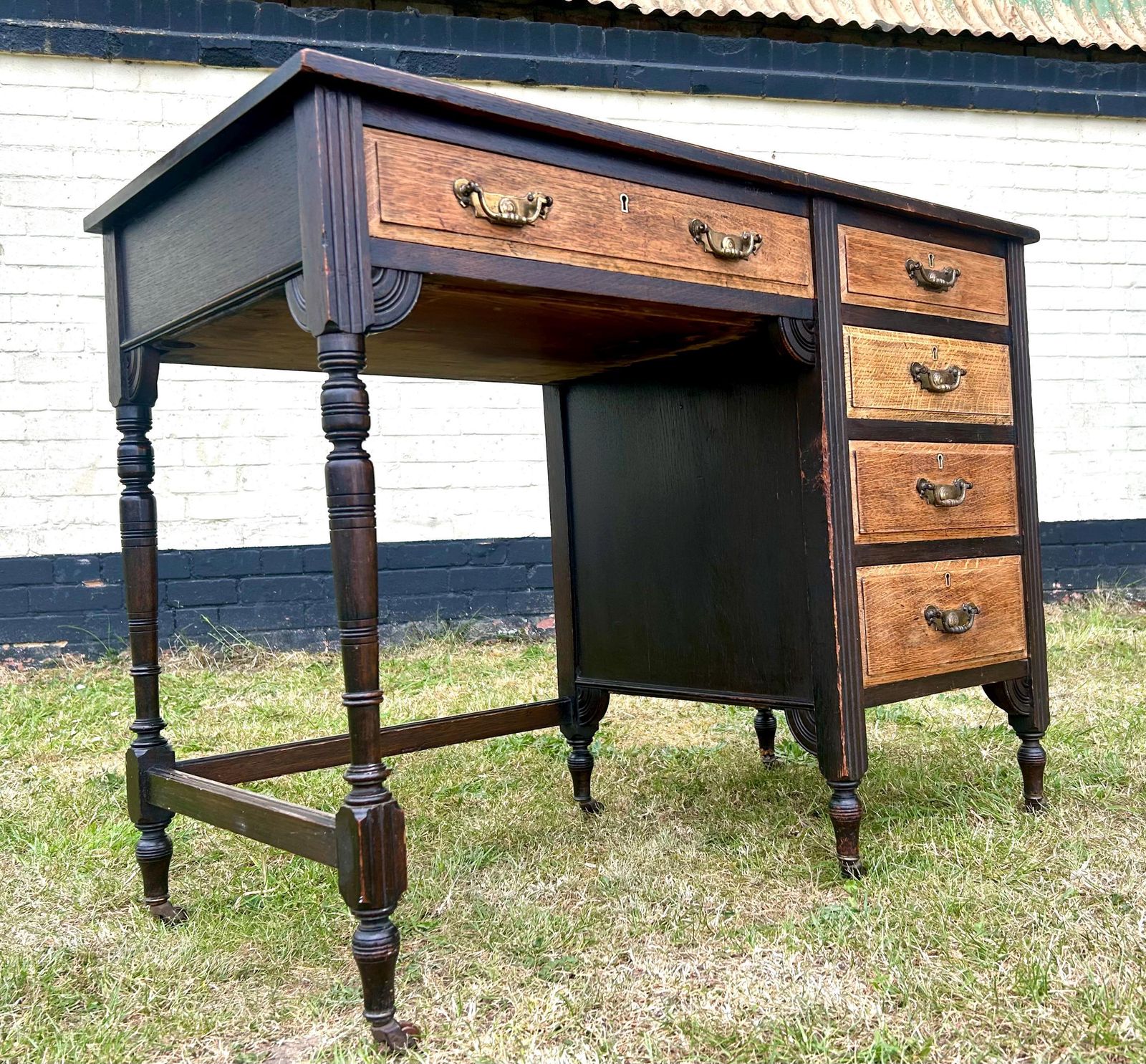 Victorian Aesthetic Movement Antique Oak Desk Cabinet Vintage Storage Arts And Crafts Office Leather Wooden Table Crocodile Leather