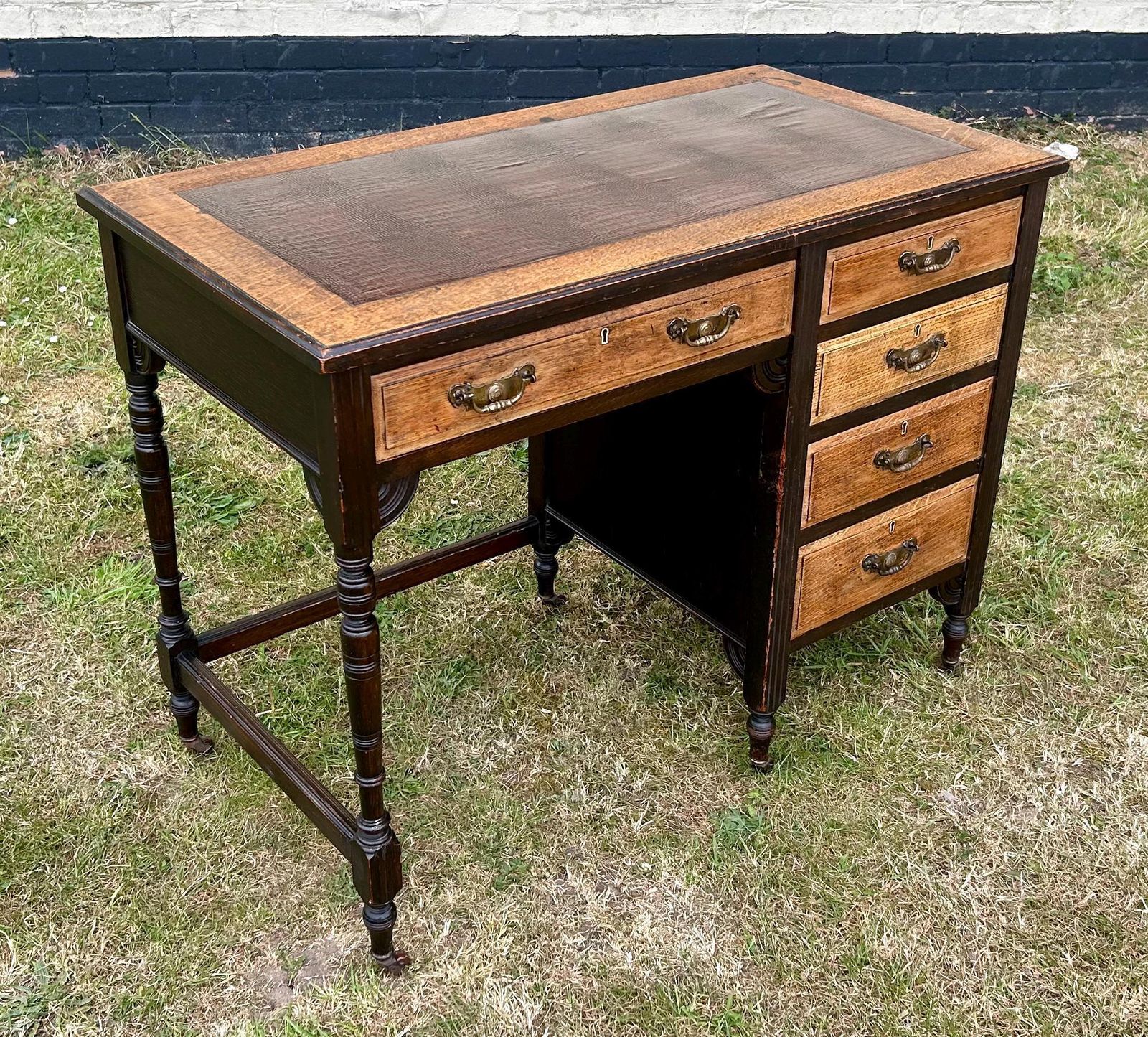 Victorian Aesthetic Movement Antique Oak Desk Cabinet Vintage Storage Arts And Crafts Office Leather Wooden Table Crocodile Leather photo furniture