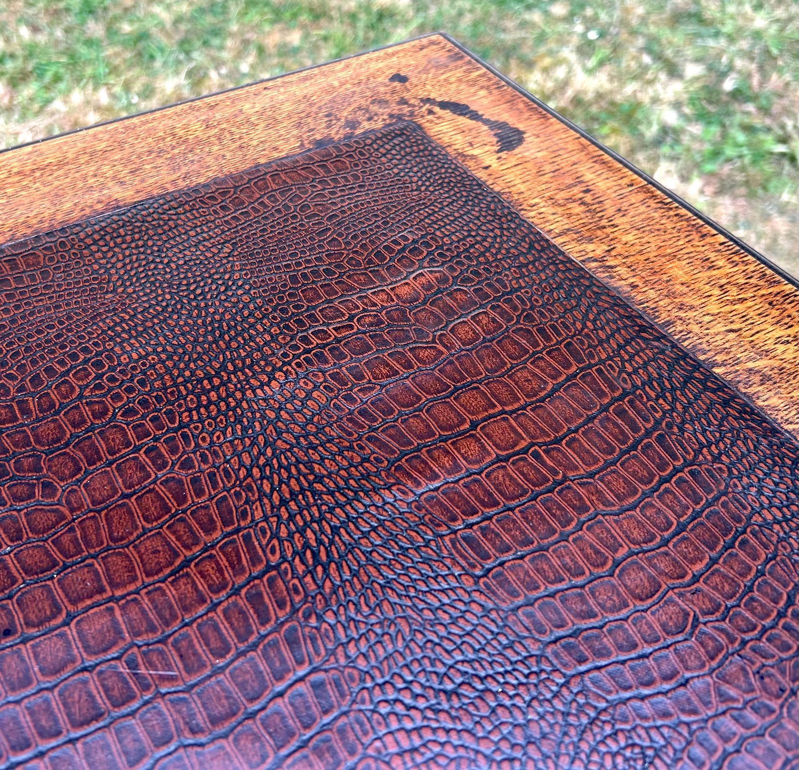 Victorian Aesthetic Movement Antique Oak Desk Cabinet Vintage Storage Arts And Crafts Office Leather Wooden Table Crocodile Leather photo buy