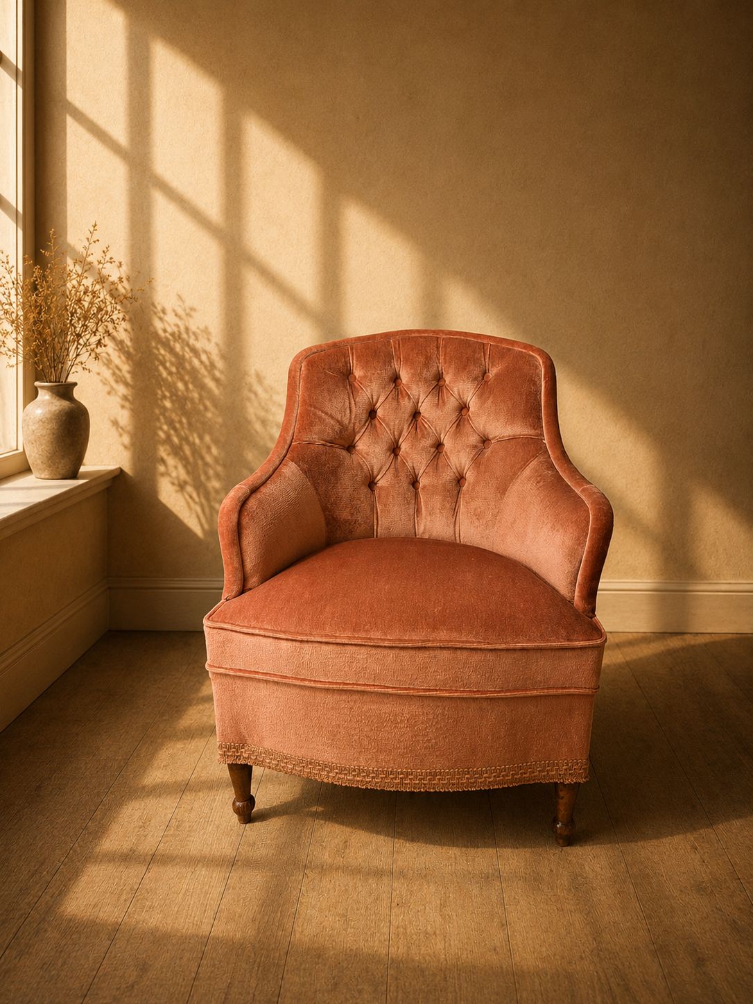 Antique French Napoleon III Crapaud Tub Chair In Terracotta Velvet, Circa 1870