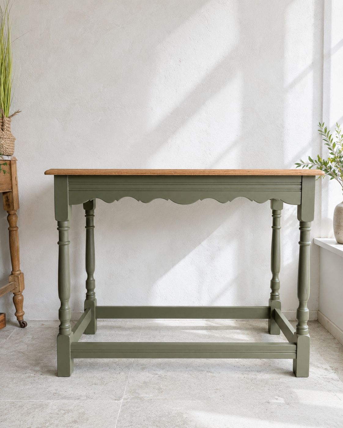 Vintage Solid Oak Table | Sage Green, Farmhouse, Modern Country photo furniture