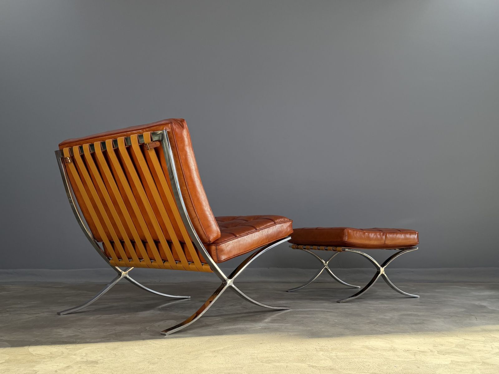 Barcelona Chair Leather Lounge Brown Tan Cognac Accent Chair Bauhaus Statement Armchair photo furniture