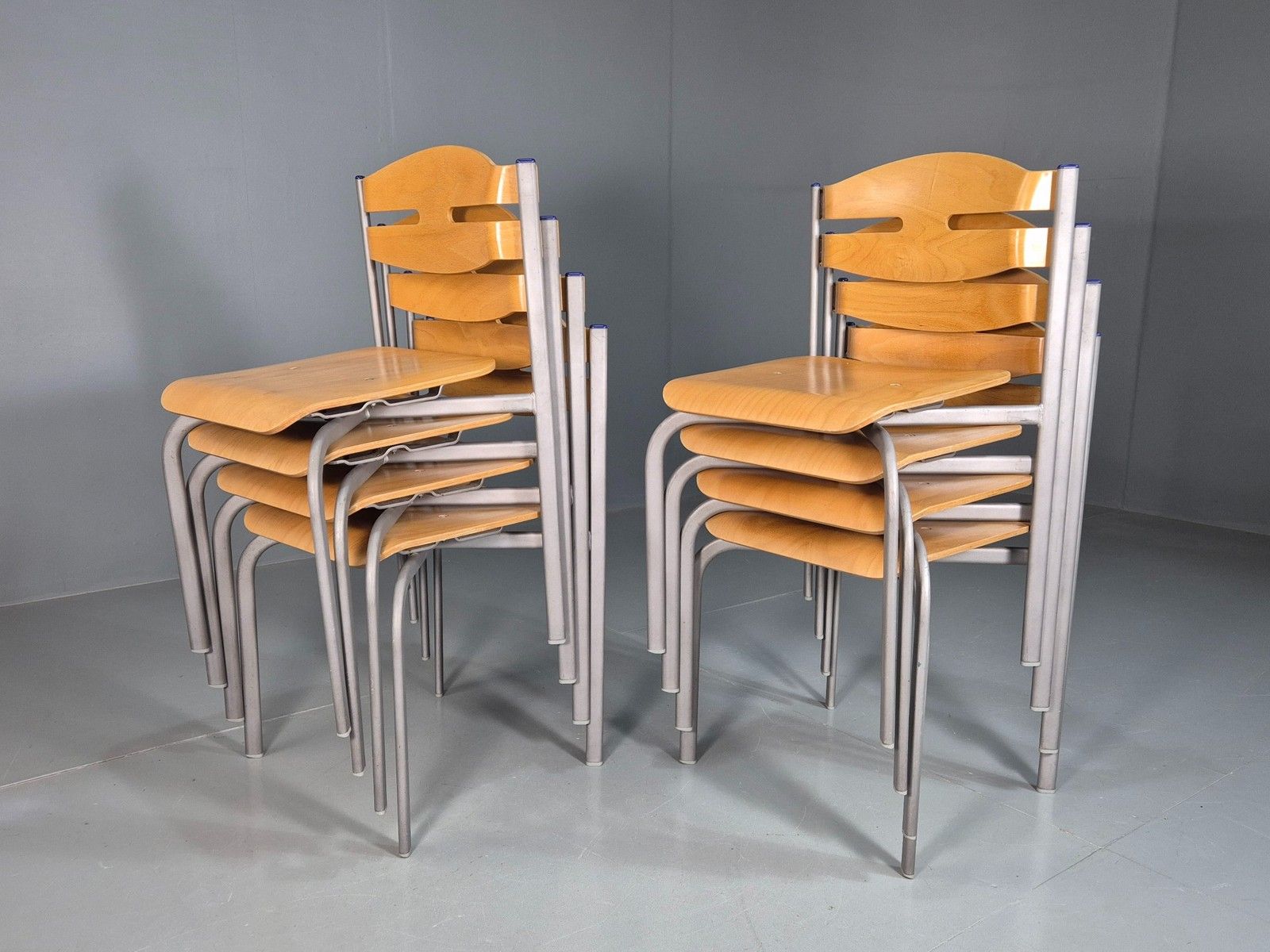 8 Vintage Danish Stacking Chairs Plywood And Steel Mid Century Style Eb07993