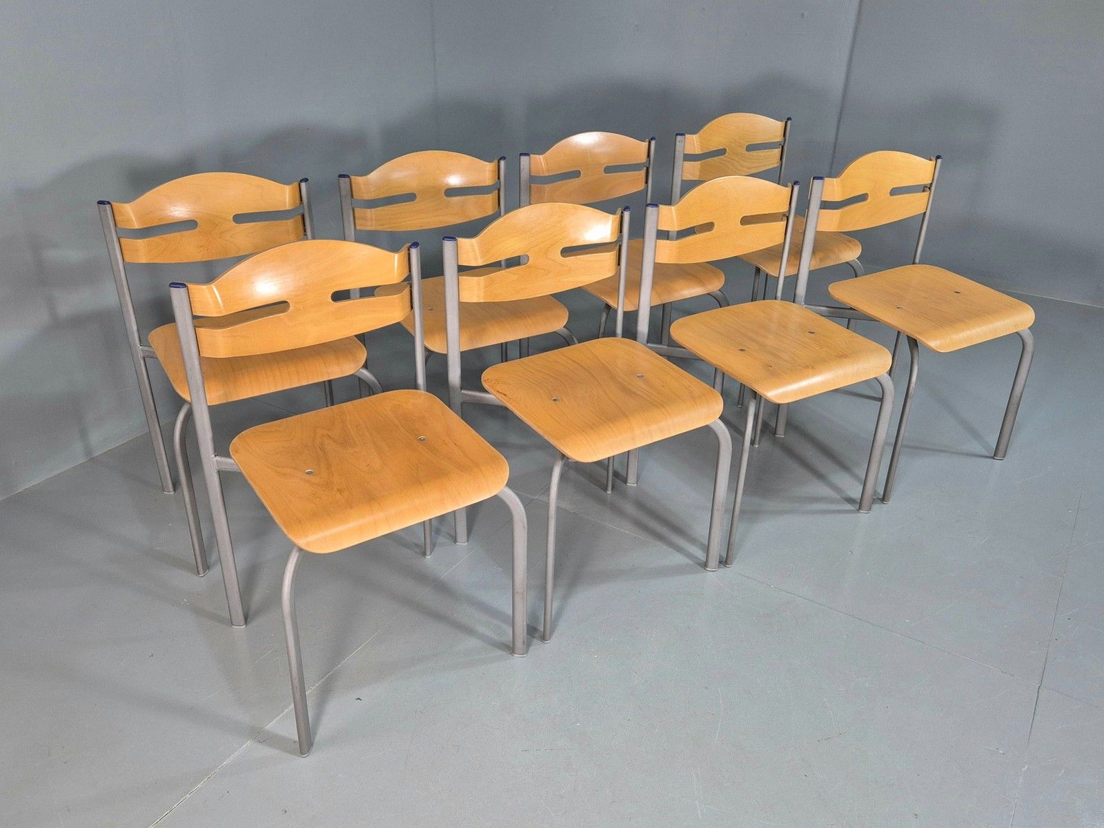 8 Vintage Danish Stacking Chairs Plywood And Steel Mid Century Style Eb07993 photo for sale