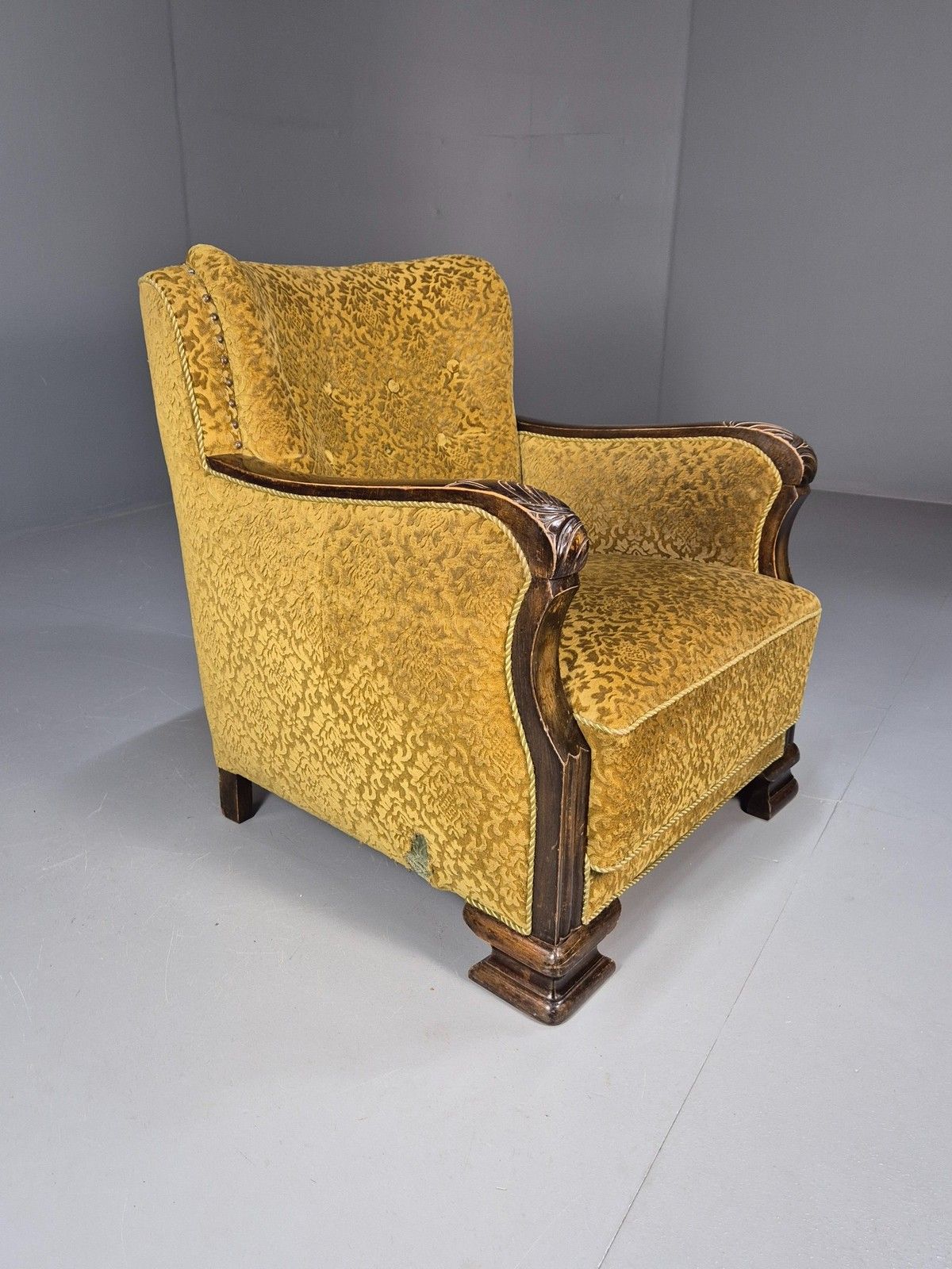 Antique Danish Floral Mustard Colour Armchair 1920s Wood Frame Eb08975 photo vinterior