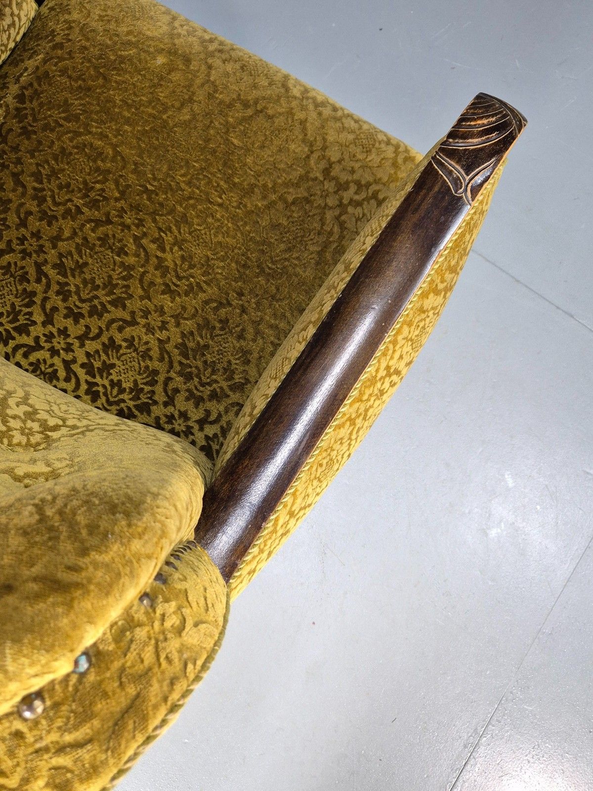 Furniture Antique Danish Floral Mustard Colour Armchair 1920s Wood Frame Eb08975 photo