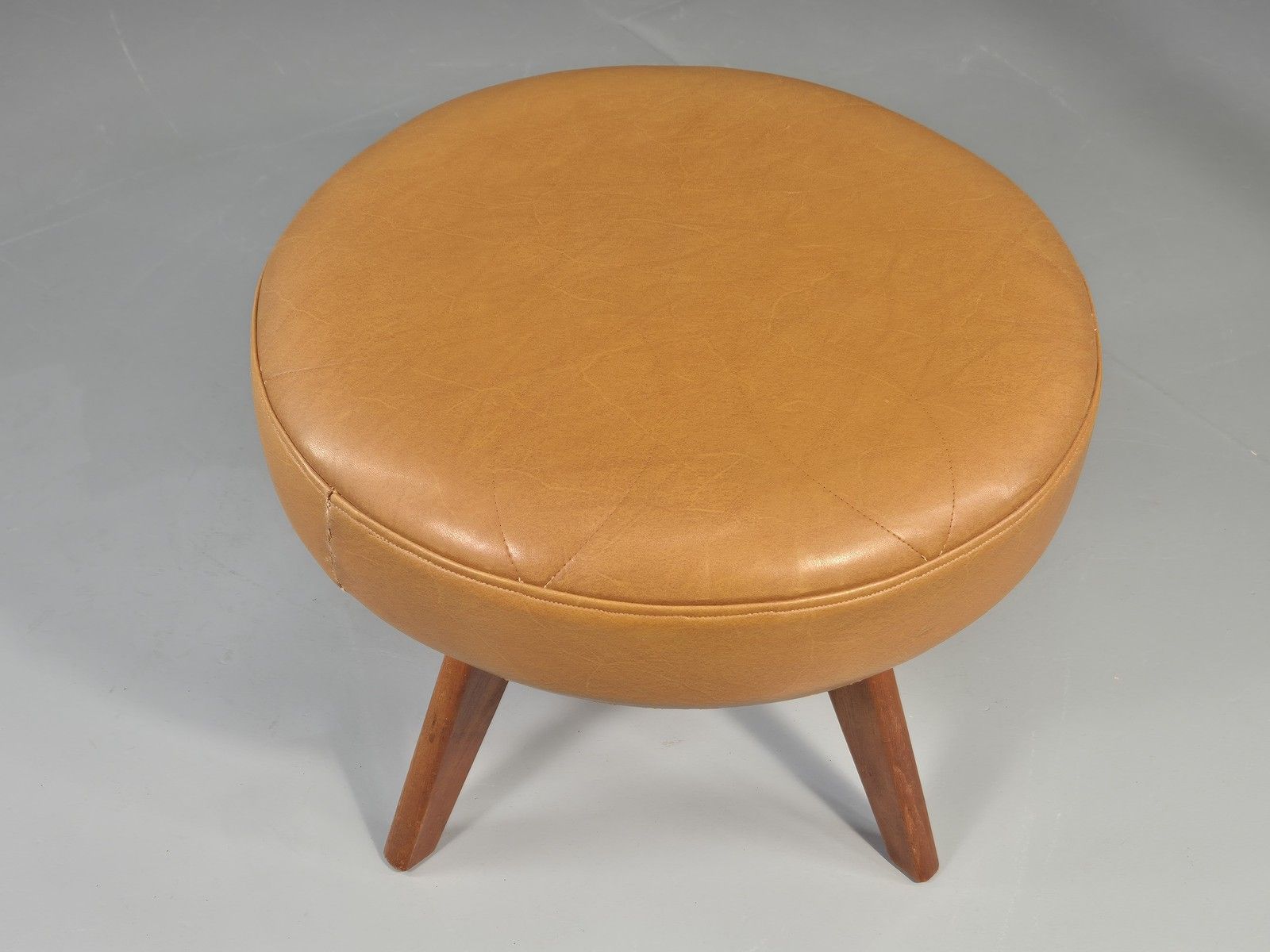 Vintage Mid Century Foot Stool Brown Vinyl Danish Teak Round Retro Mcm Eb12022 photo furniture