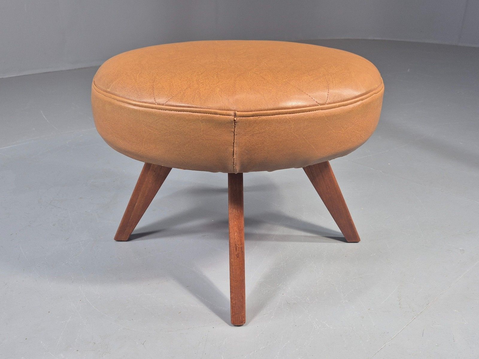 Vintage Mid Century Foot Stool Brown Vinyl Danish Teak Round Retro Mcm Eb12022 photo vintage