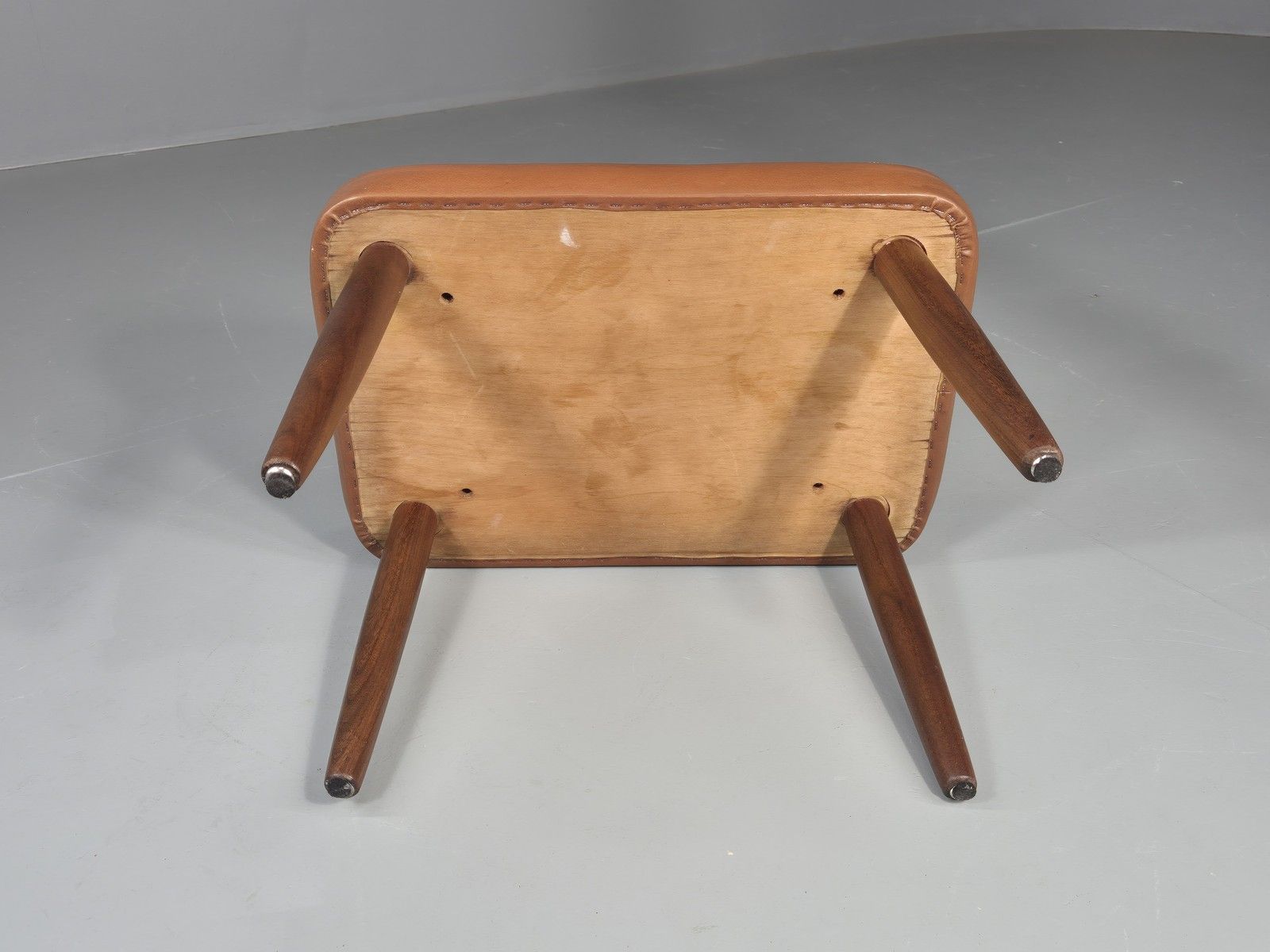 photo furniture Vintage Danish Mid Century Footstool Teak Legs Brown Vinyl  1960s Retro Eb12023