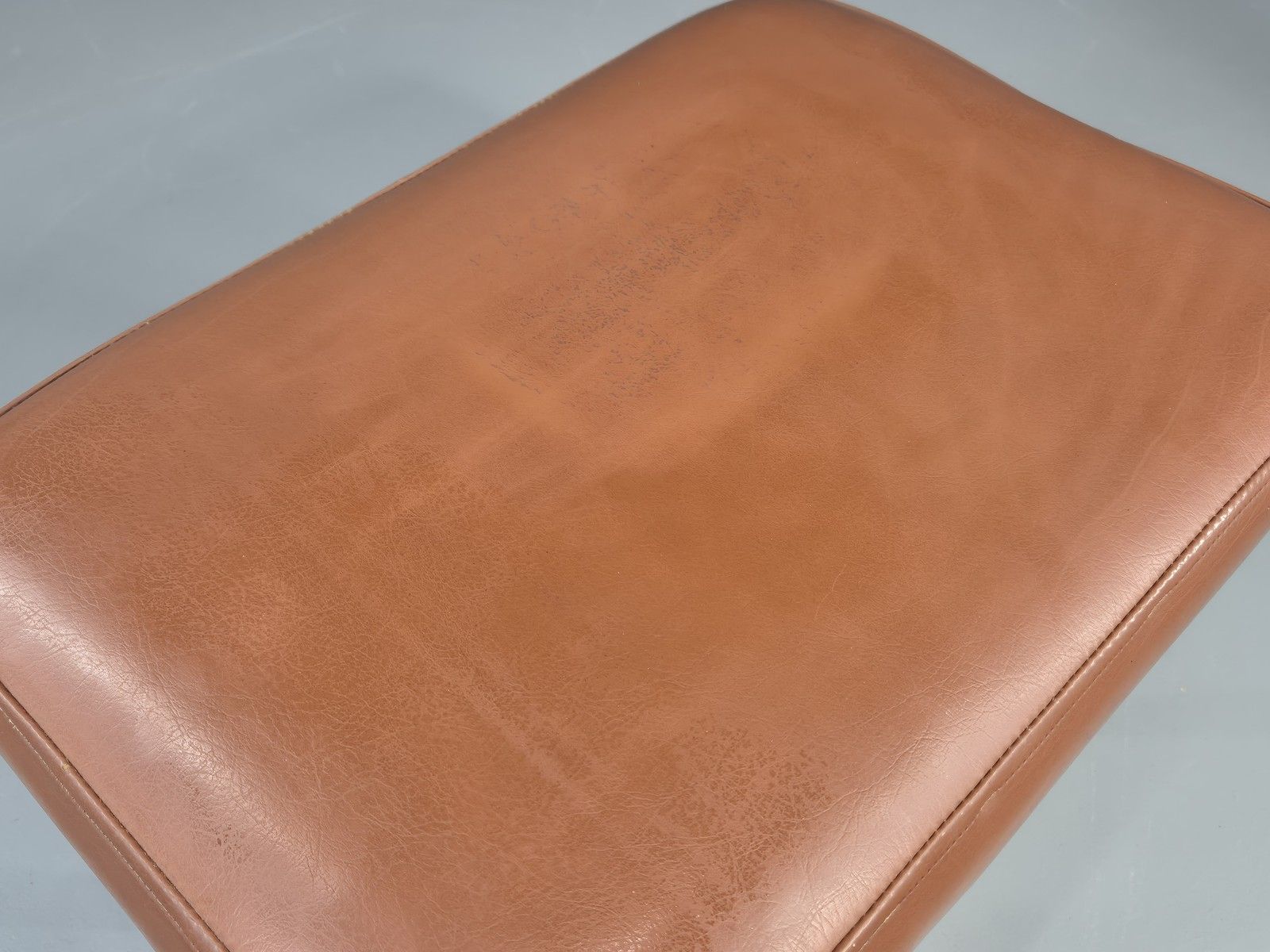 photo for sale Vintage Danish Mid Century Footstool Teak Legs Brown Vinyl  1960s Retro Eb12023