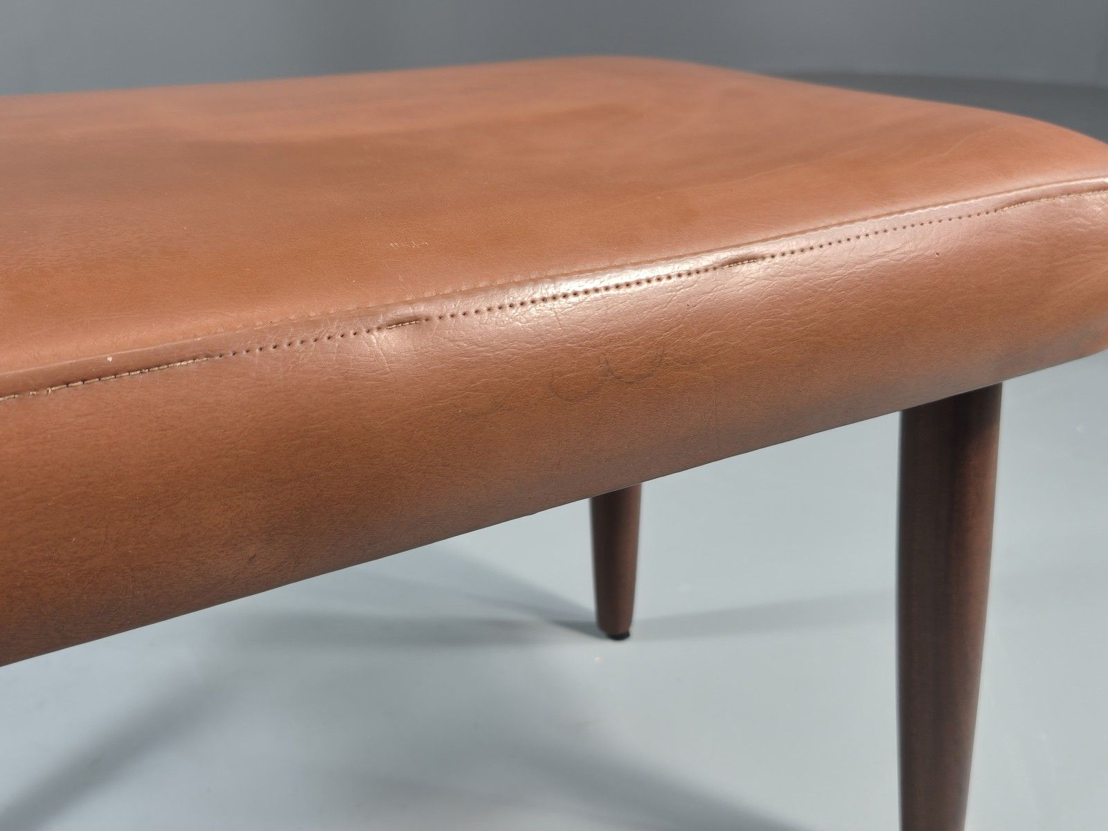 80.0 Vintage Danish Mid Century Footstool Teak Legs Brown Vinyl  1960s Retro Eb12023 photo