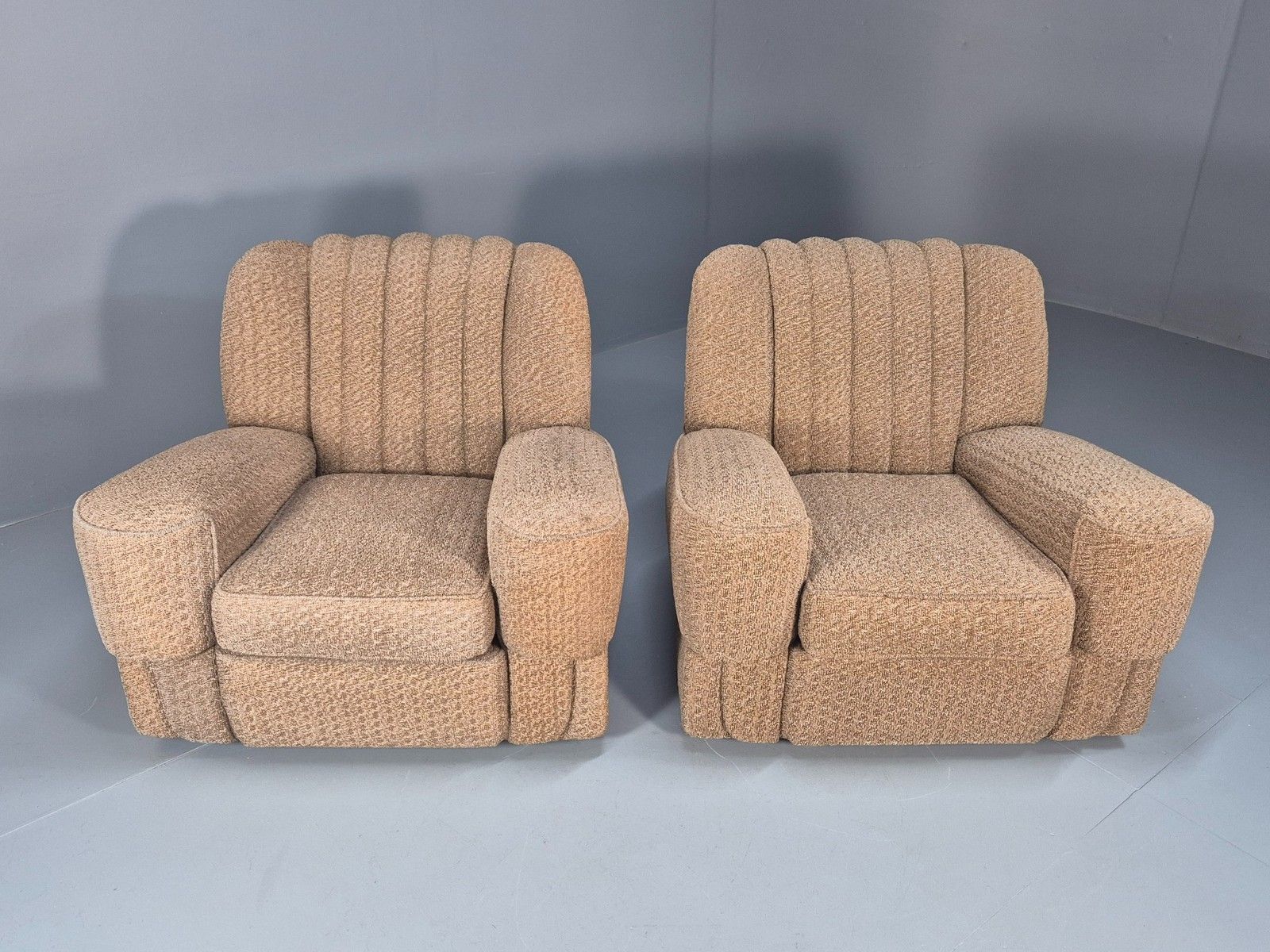 2 Vintage Art Deco Armchairs Beige Chenille Upholstery 1940s Eb09684 photo Furniture