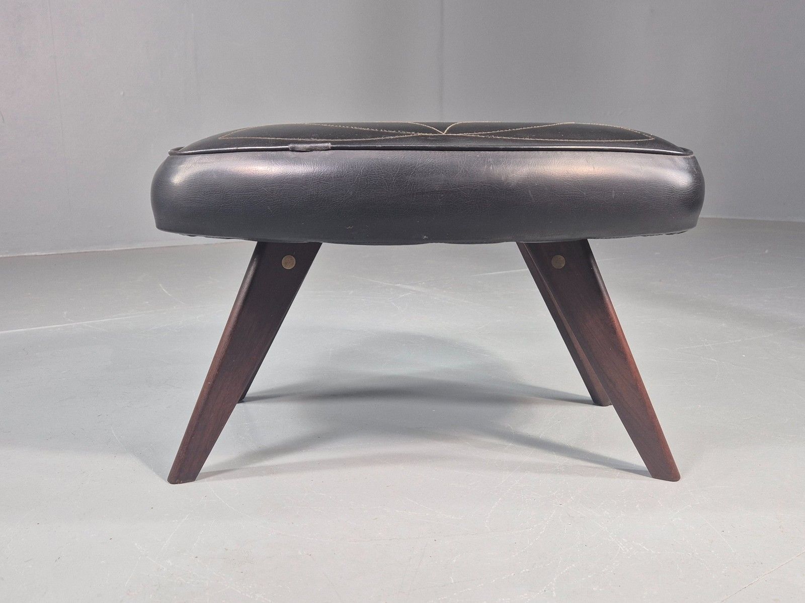 Vintage Danish Mid Century Footstool Black Vinyl Teak Legs 1960s Retro Eb12048 photo vinterior