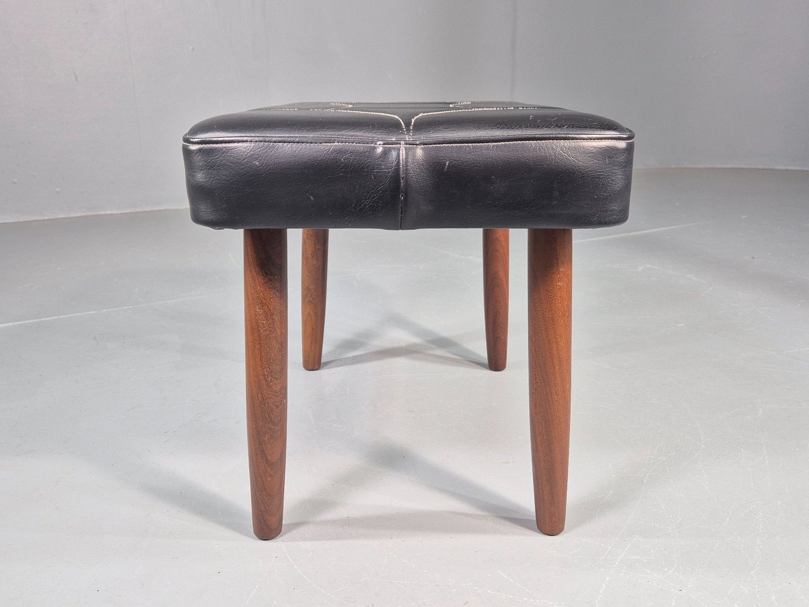 Vintage Mid Century Footstool Danish Black Vinyl Teak Legs Stitch Detail Eb12031 photo vintage