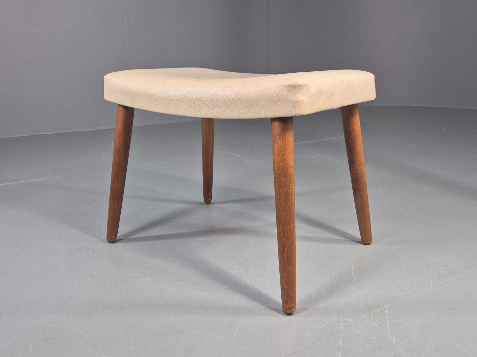 Vintage Mid Century Footstool Danish Cream Vinyl Beech Legs 1960s Retro 12052 photo Furniture