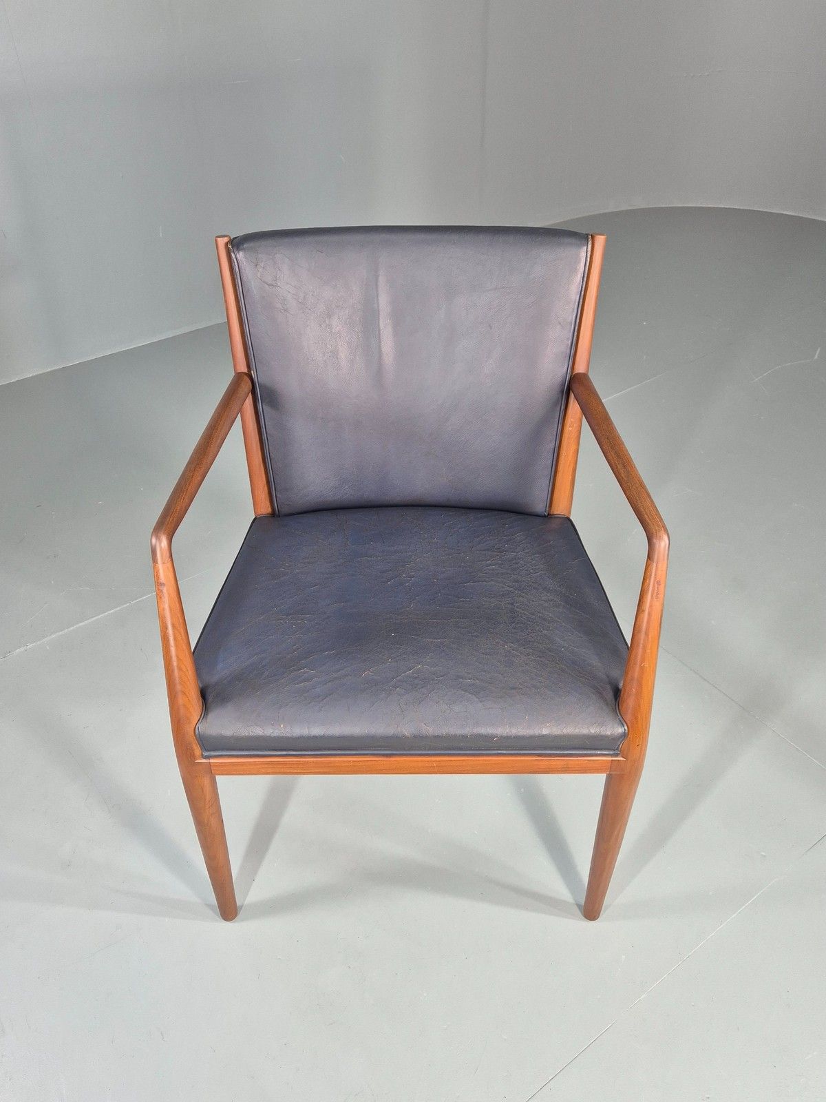 Vintage Mid Century Teak Armchair Blue Leather 1960s Retro Eb11901 photo for sale