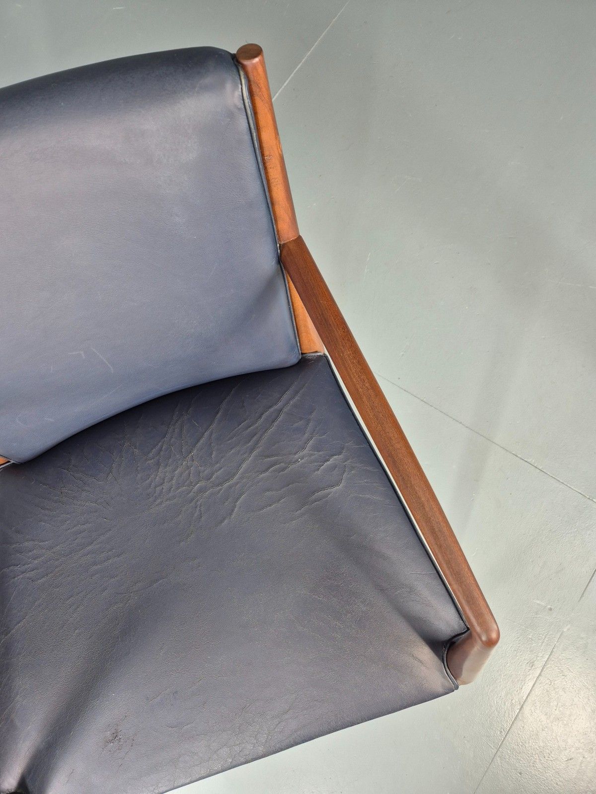 Vintage Mid Century Teak Armchair Blue Leather 1960s Retro Eb11904 photo buy