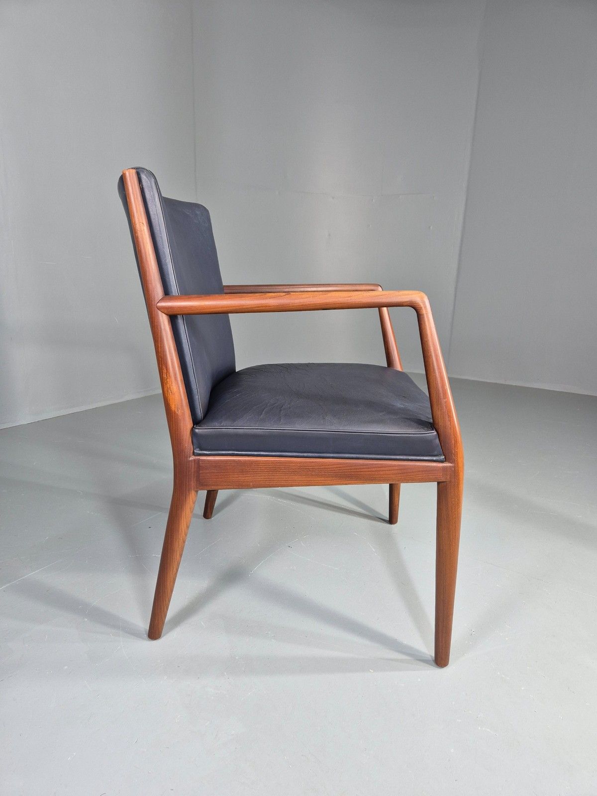 photo for sale Vintage Mid Century Teak Armchair Blue Leather 1960s Retro Eb11904