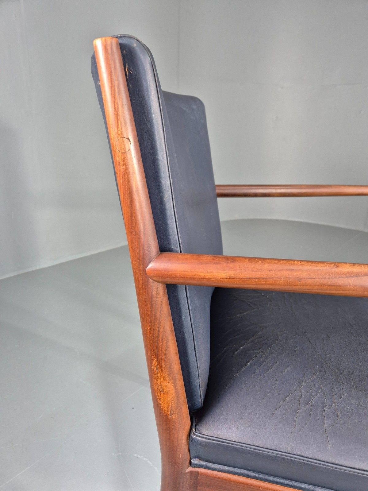Furniture Vintage Mid Century Teak Armchair Blue Leather 1960s Retro Eb11904 photo