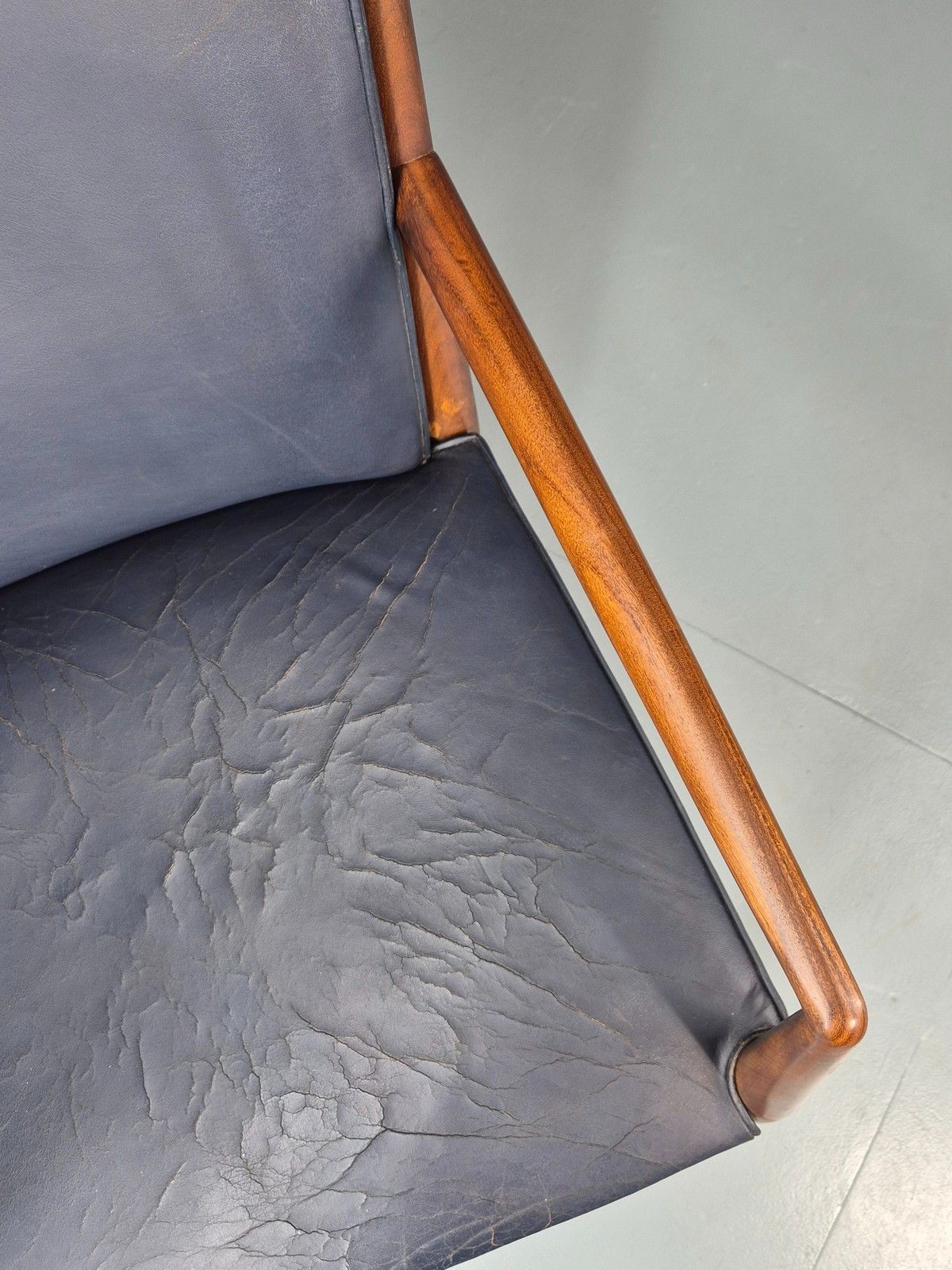 Vintage Mid Century Teak Armchair Blue Leather 1960s Retro Eb11908 photo vinterior