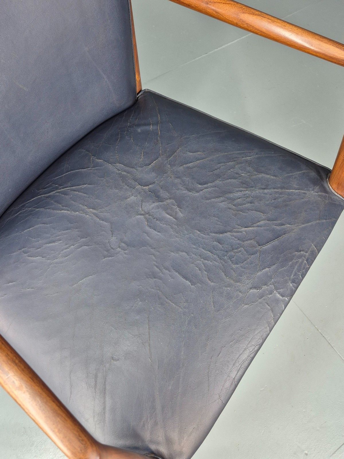 Vintage Mid Century Teak Armchair Blue Leather 1960s Retro Eb11908 photo buy