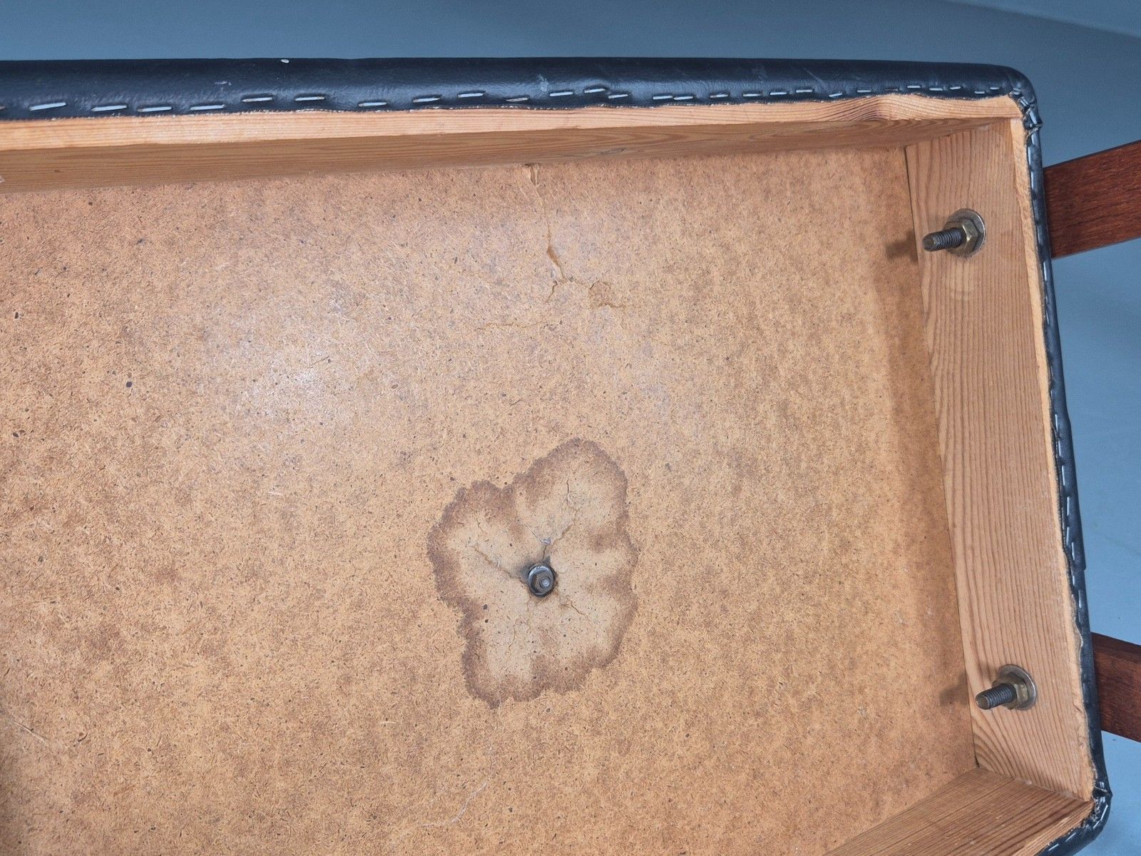 photo vinterior Vintage Danish Mid Century Footstool 1960s Teak Black Vinyl Retro Eb12087
