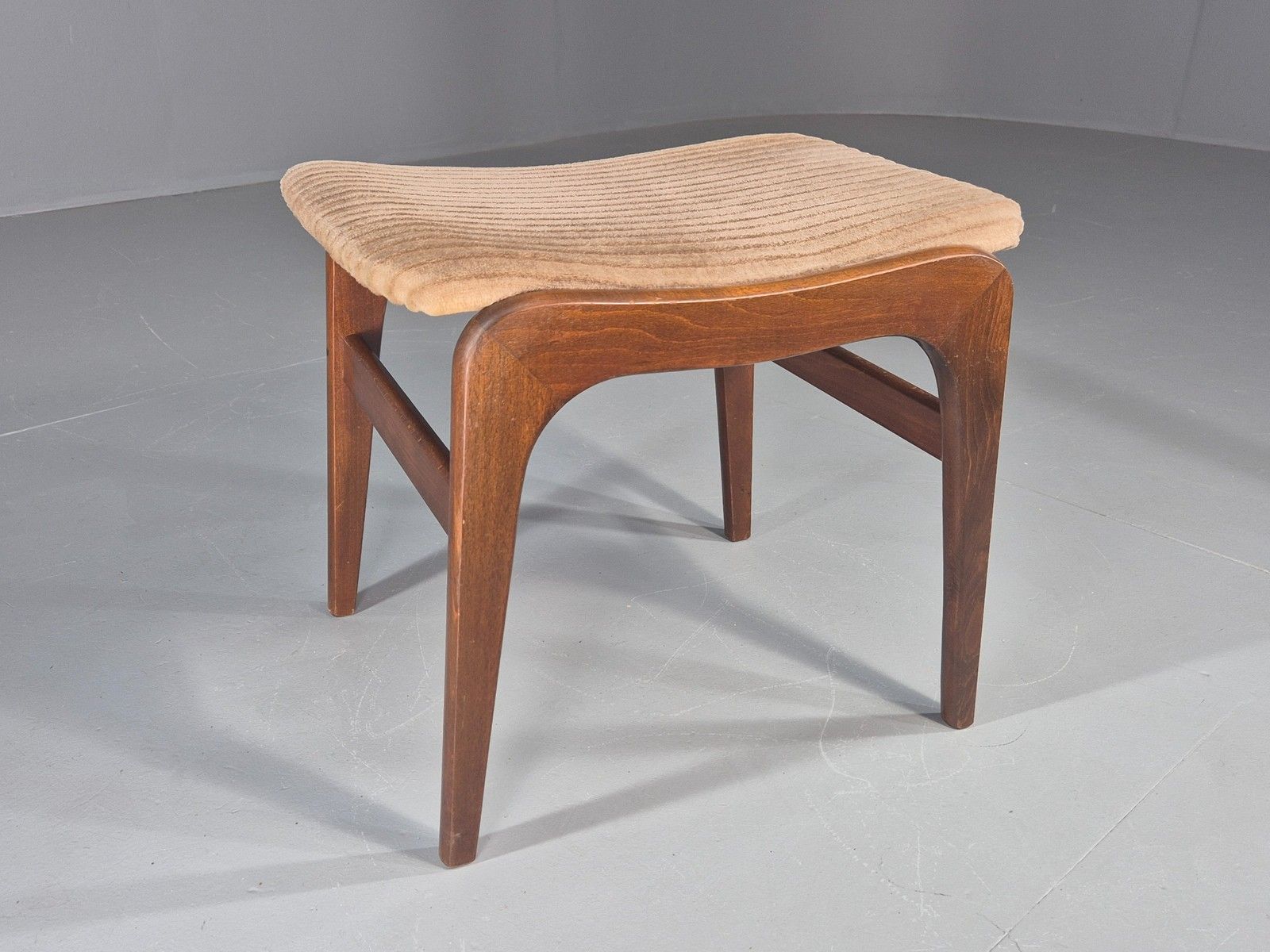 Vintage Mid Century Footstool Danish Beech Frame Beige Corduroy Retro Eb12089