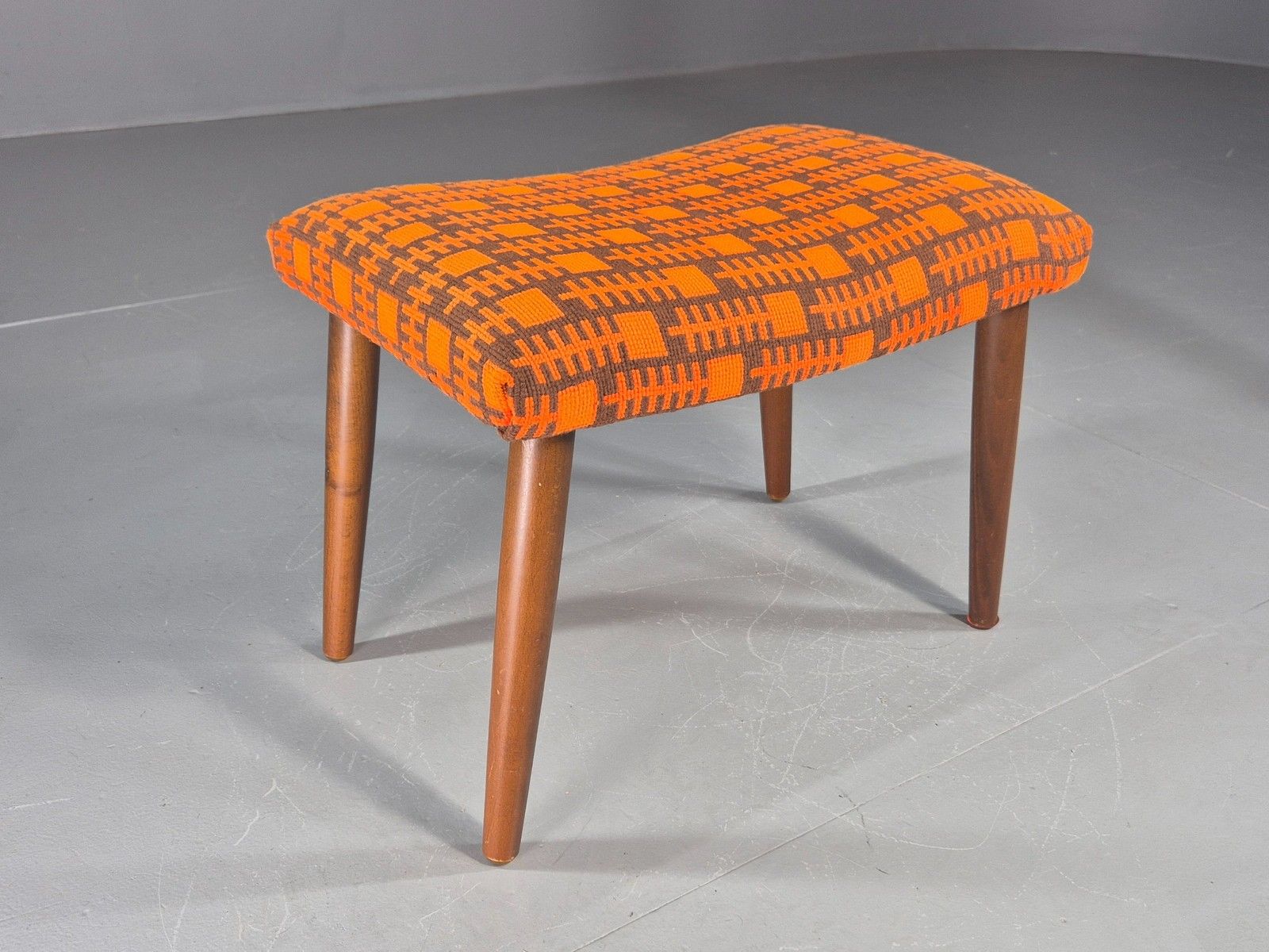 Vintage Mid Century Footstool Danish Orange And Brown Beech Legs 1960s Eb12094