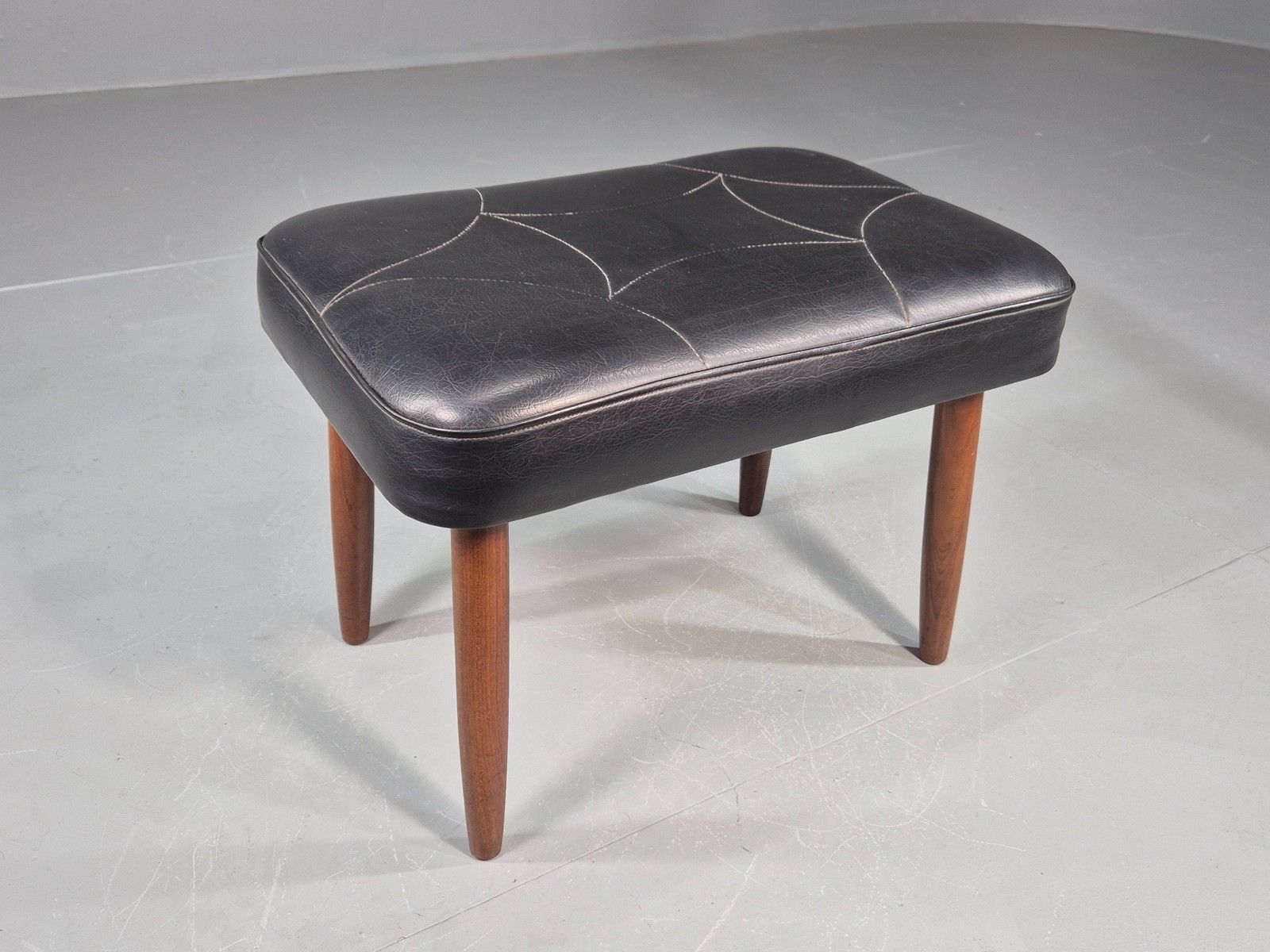 Vintage Mid Century Footstool Danish Black Vinyl Teak Legs 1960s Retro Eb12012