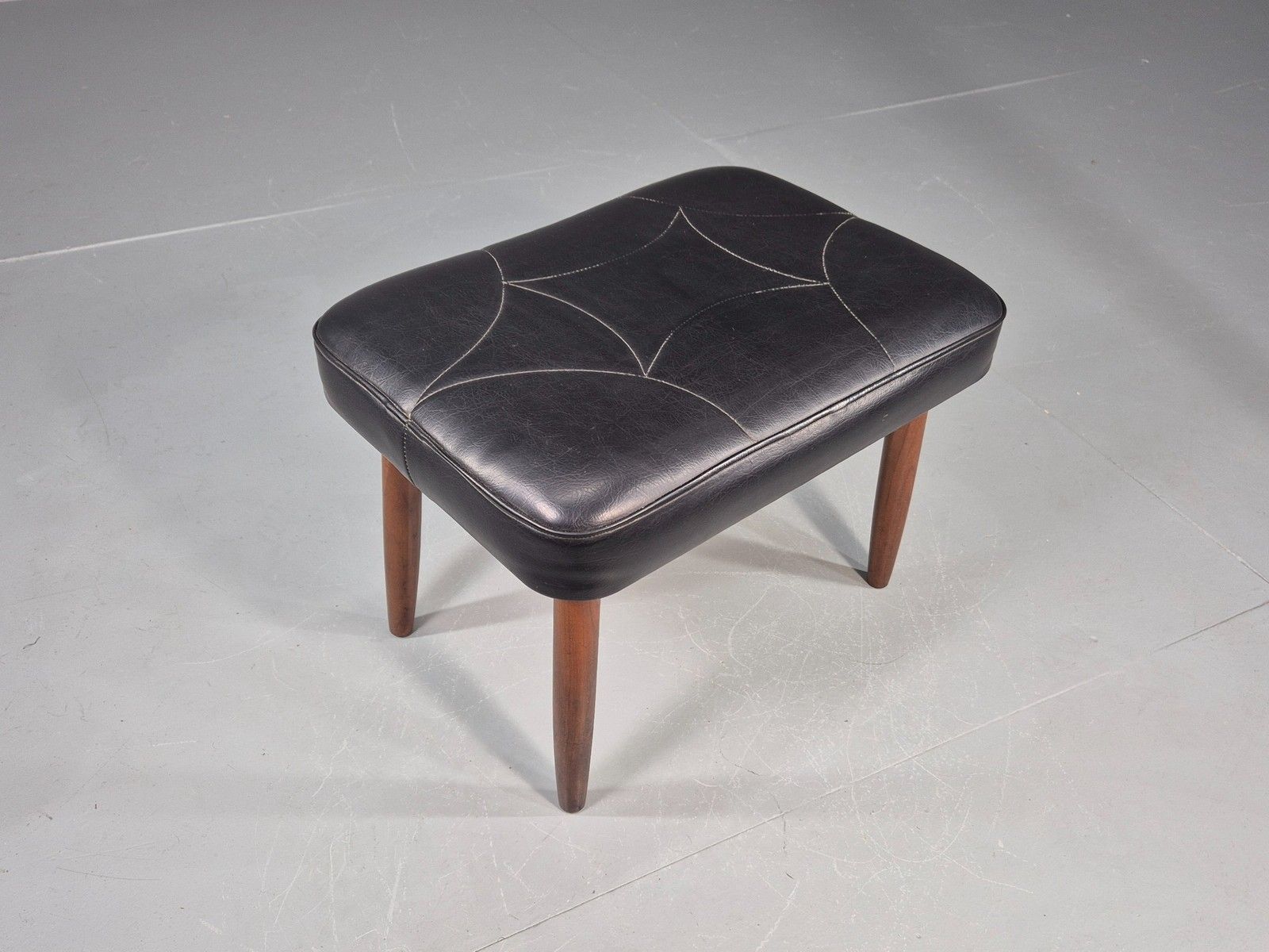 Vintage Mid Century Footstool Danish Black Vinyl Teak Legs 1960s Retro Eb12012 photo vinterior
