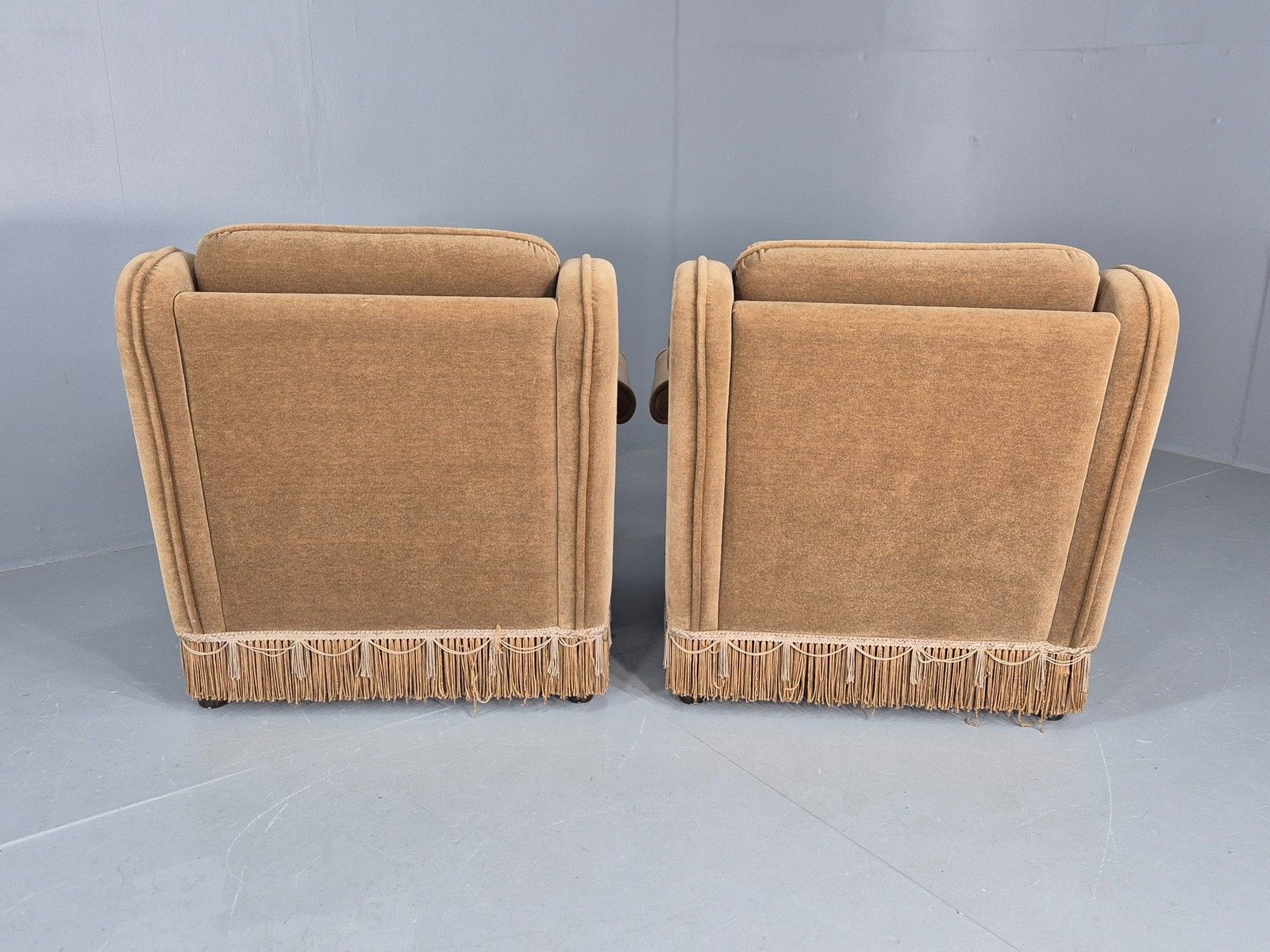 Furniture Vintage 1970s Lounge Chairs Green Velour Tassels Wing Back Danish Retro Eb12137 photo