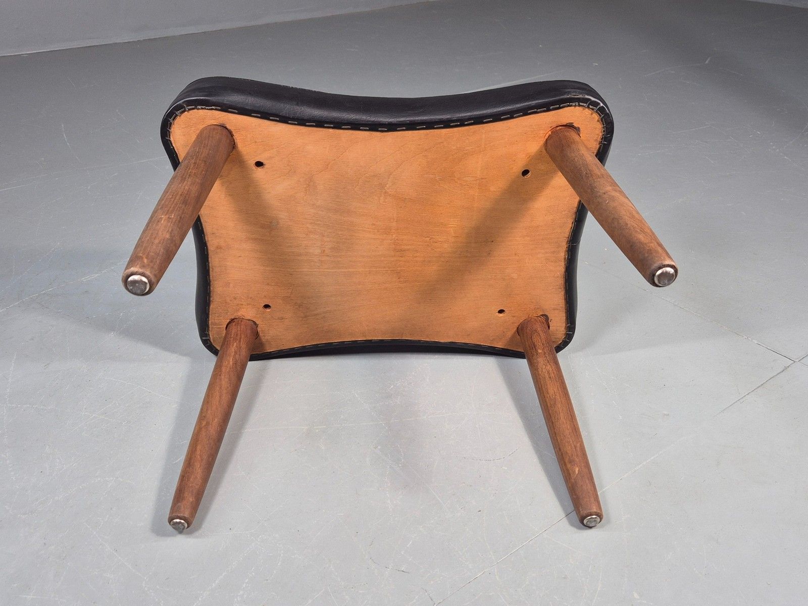 photo for sale Vintage Danish Mid Century Footstool Black Vinyl Teak Legs 1960s Retro Eb12153