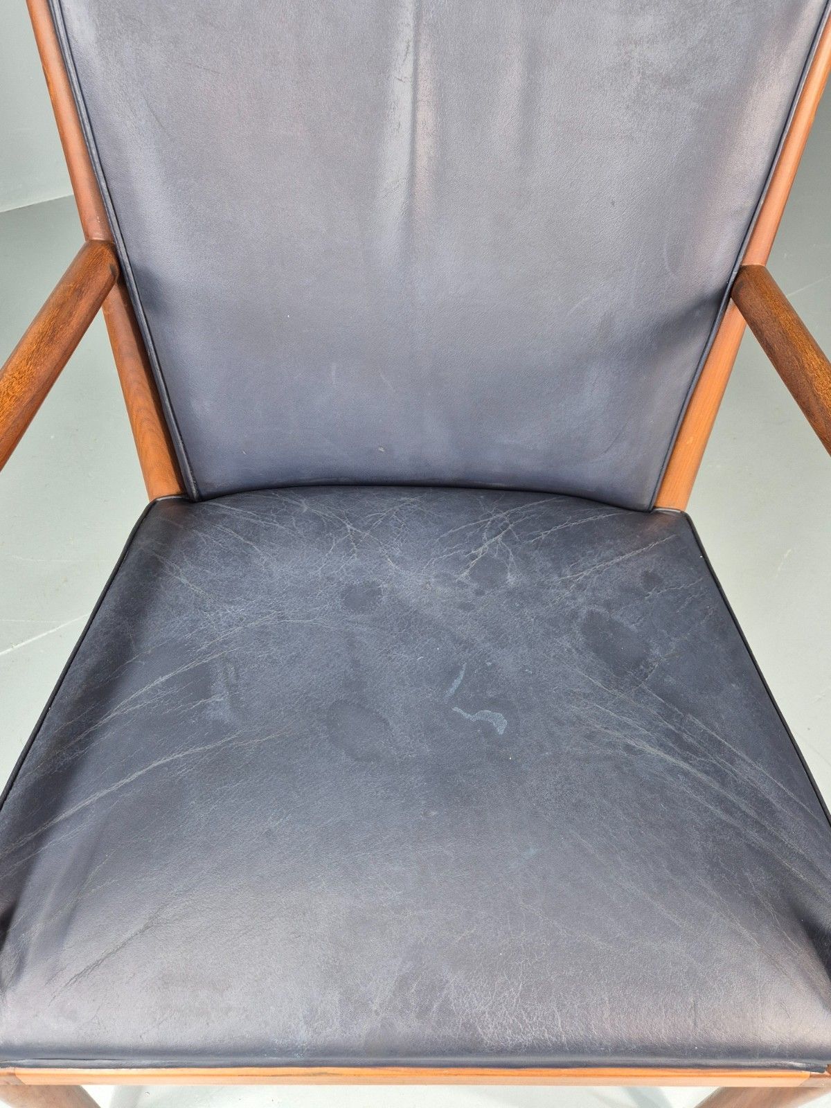 Vintage Mid Century Teak Armchair Blue Leather1960s Retro  Eb11902 photo vinterior