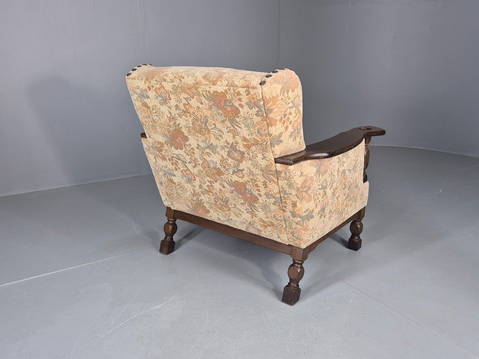 photo furniture Vintage Danish Armchair Kjaernulf Style Floral Upholstery Oak Frame 1970 Eb06690