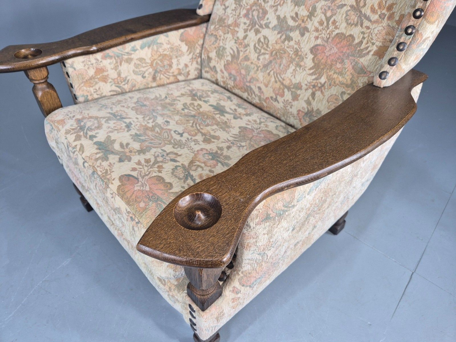 photo vinterior Vintage Danish Armchair Kjaernulf Style Floral Upholstery Oak Frame 1970 Eb06690