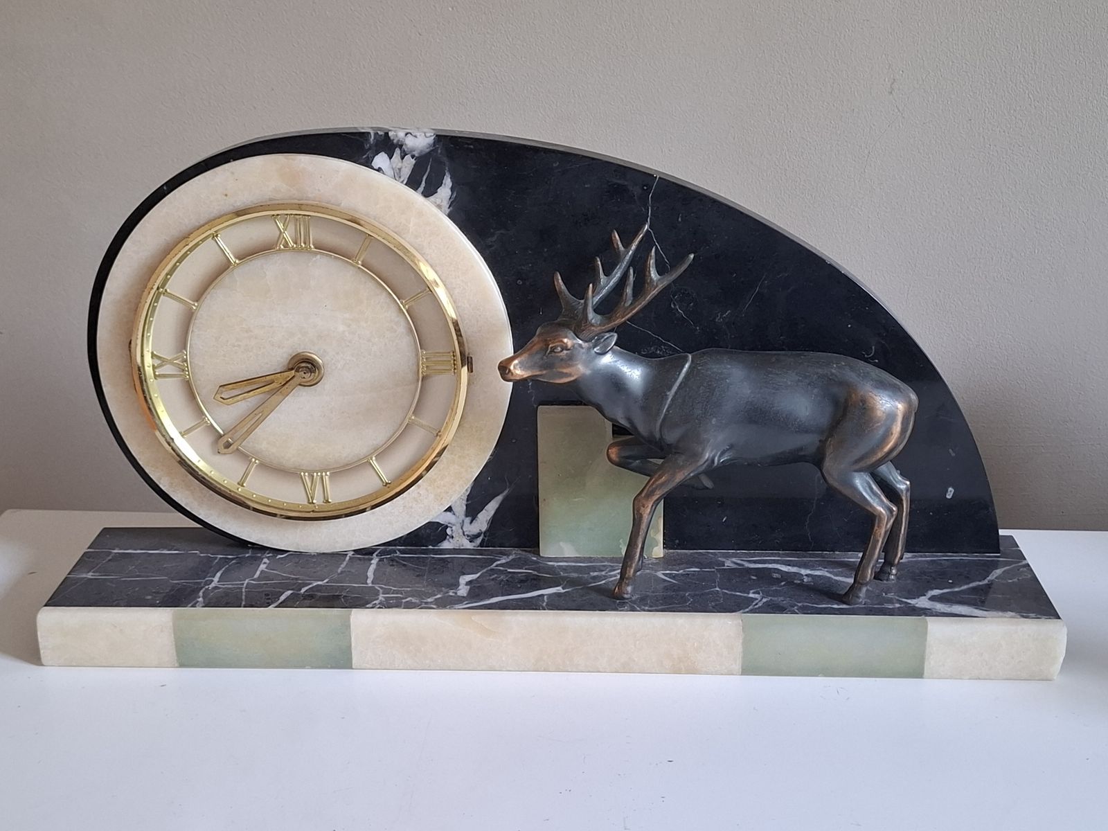 French Art Deco Mantle Clock On Marble Base With Spelter Deer Figurine photo for sale