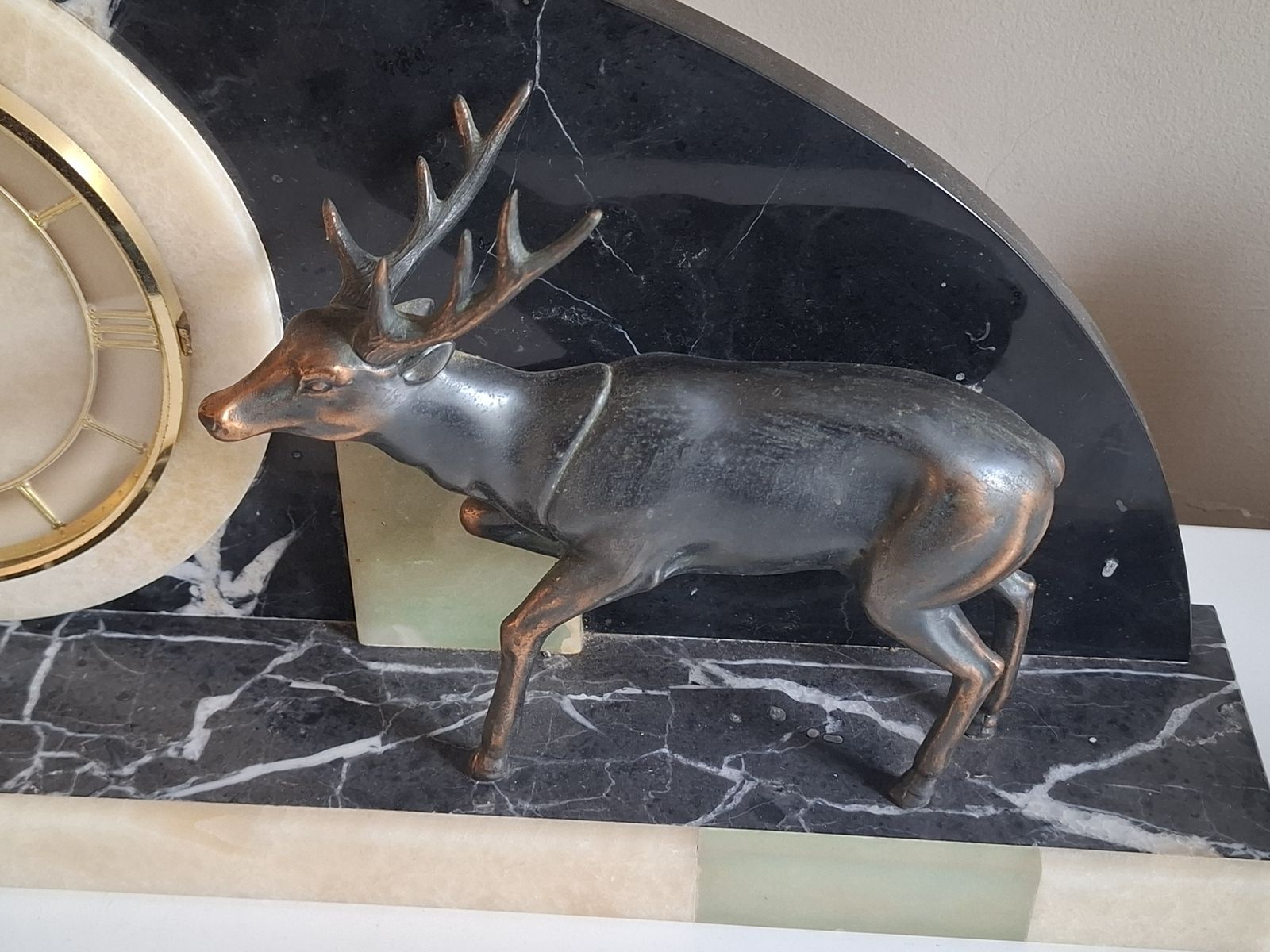 French Art Deco Mantle Clock On Marble Base With Spelter Deer Figurine photo vinterior