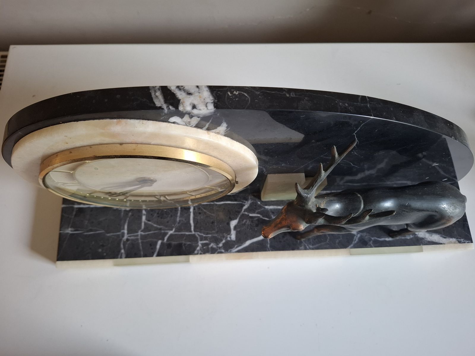 photo furniture French Art Deco Mantle Clock On Marble Base With Spelter Deer Figurine