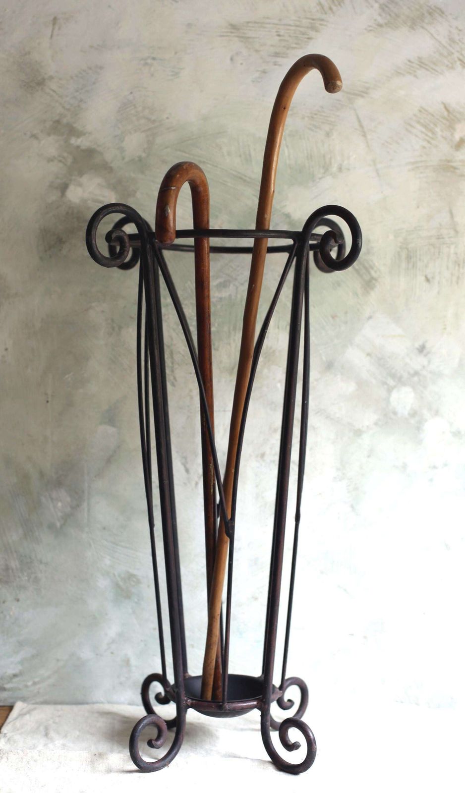 Antique French Umbrella Stand Wrought Iron Scrollwork Walking Stick Hallway Decor photo for sale