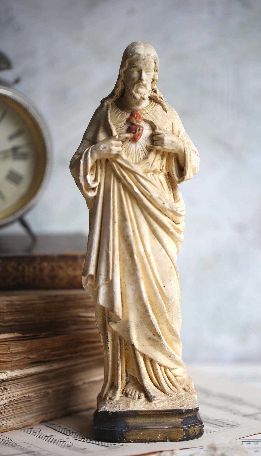 French Antique Chalkware Sacred Heart Jesus Christ Statue 1800s photo Art