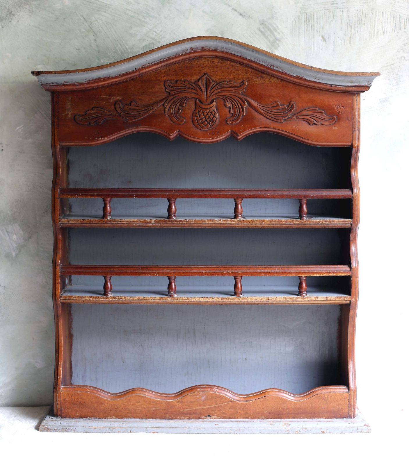 Antique French Wooden Shelves Wall 3 Tier Shelf Unit Vintage Painted Distressed Wall Book Case photo for sale