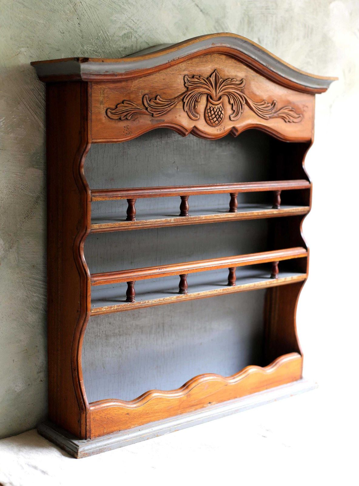 photo for sale Antique French Wooden Shelves Wall 3 Tier Shelf Unit Vintage Painted Distressed Wall Book Case