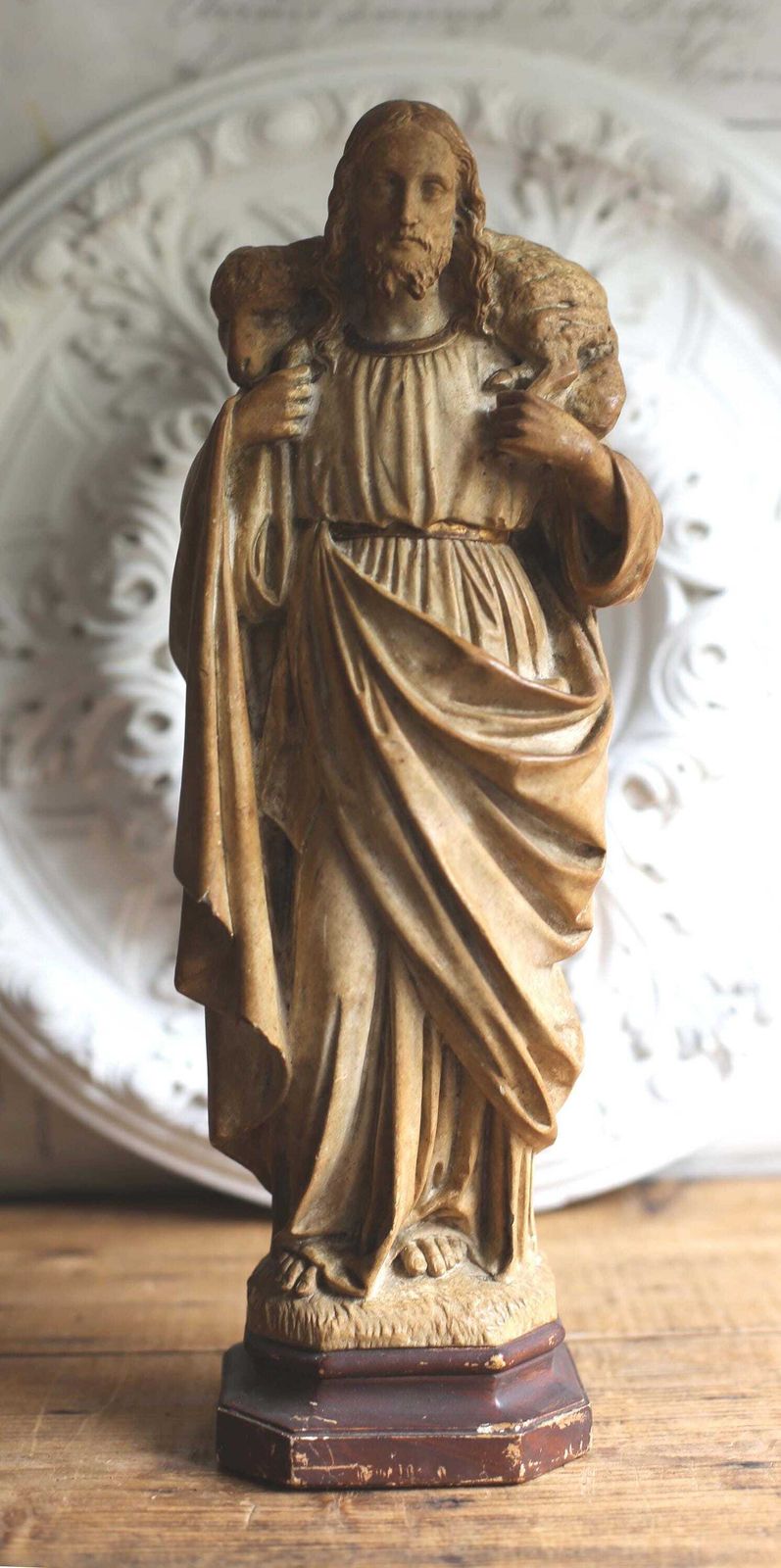 Antique French Good Shepherd Jesus Statue Religious Christ Figure With Lamb photo Art